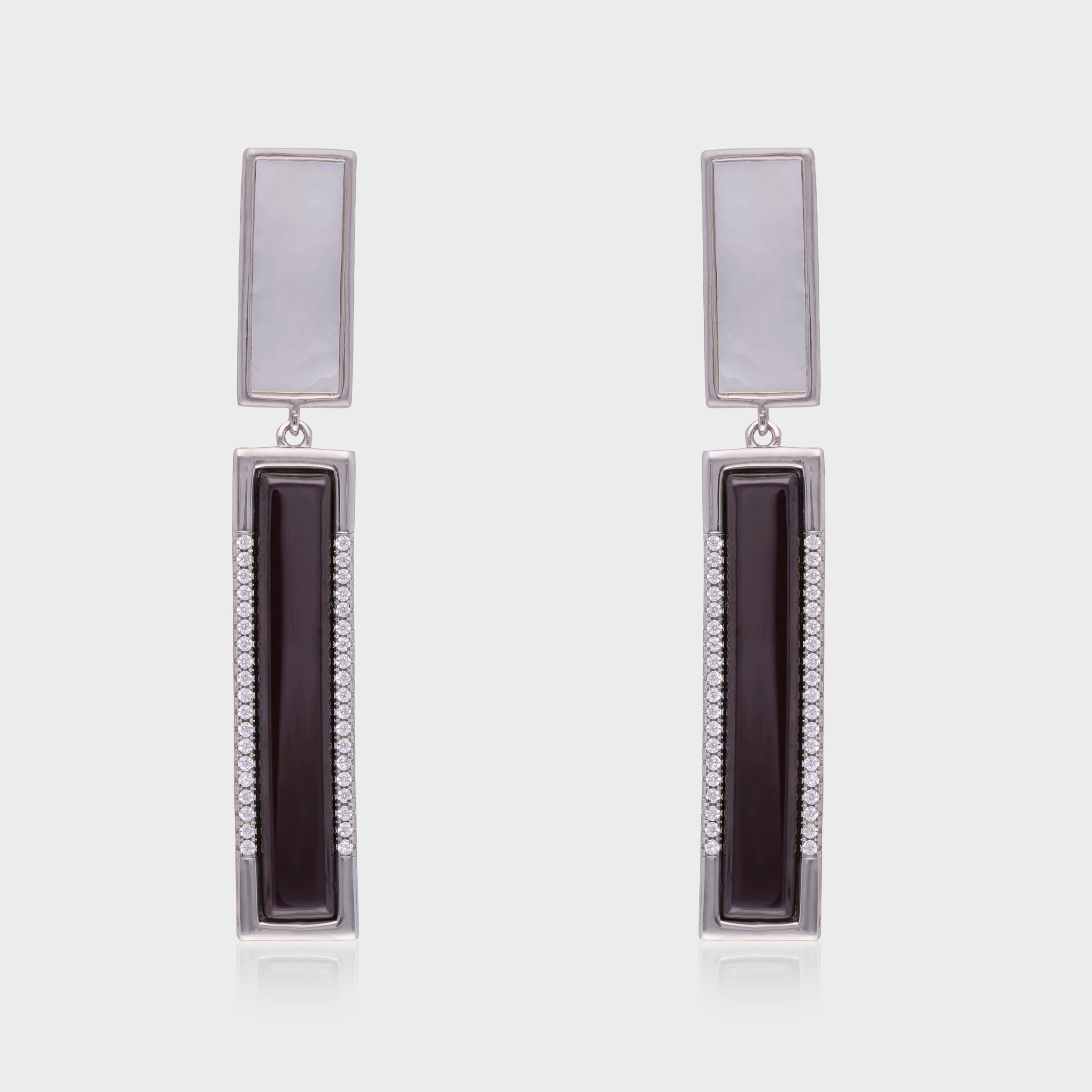Elegant Dual-Tone Sterling Silver Drop Earrings with Mother of Pearl & Onyx | SKU : 0021129759, 0021129742