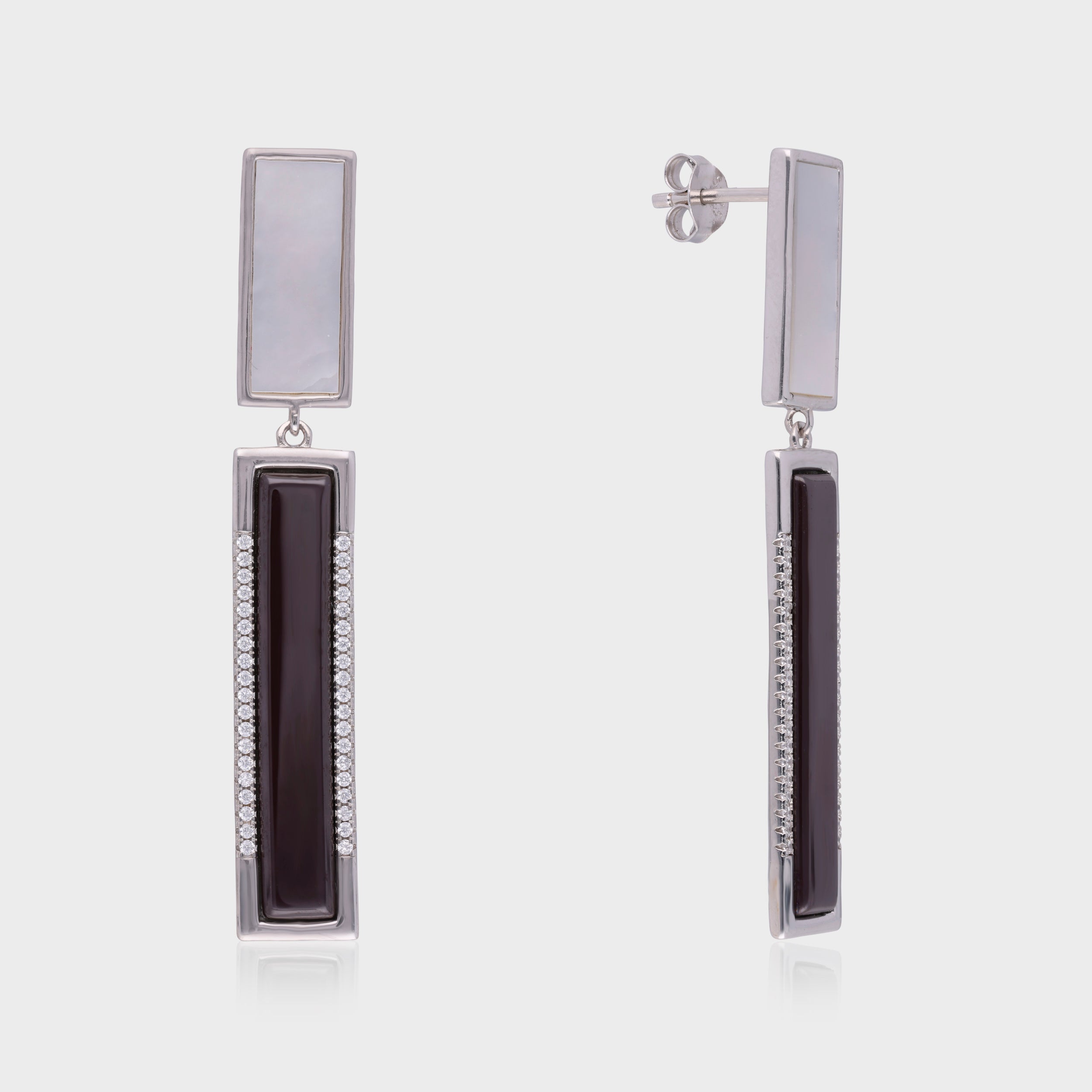 Elegant Dual-Tone Sterling Silver Drop Earrings with Mother of Pearl & Onyx | SKU : 0021129759, 0021129742