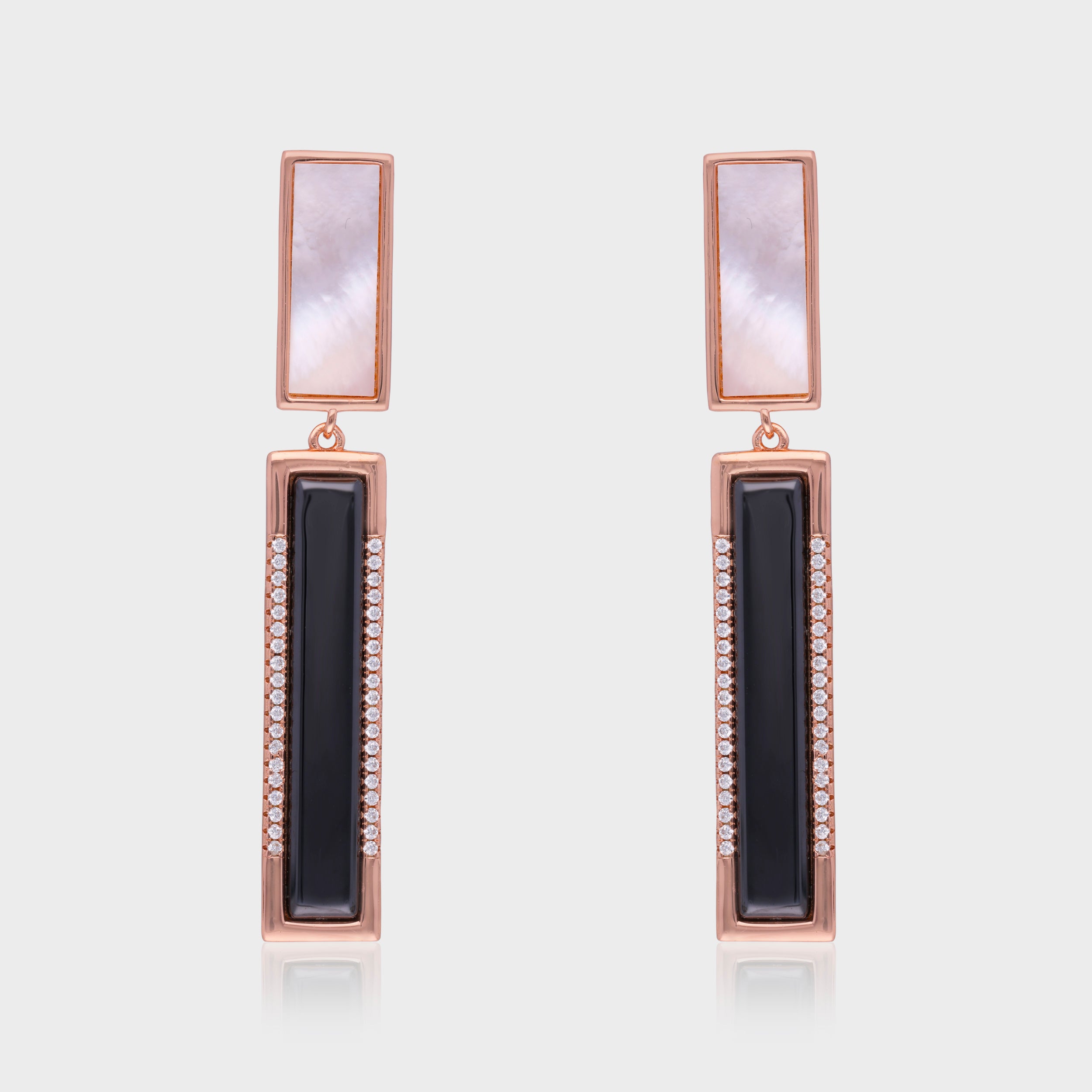 Elegant Dual-Tone Sterling Silver Drop Earrings with Mother of Pearl & Onyx | SKU : 0021129759, 0021129742