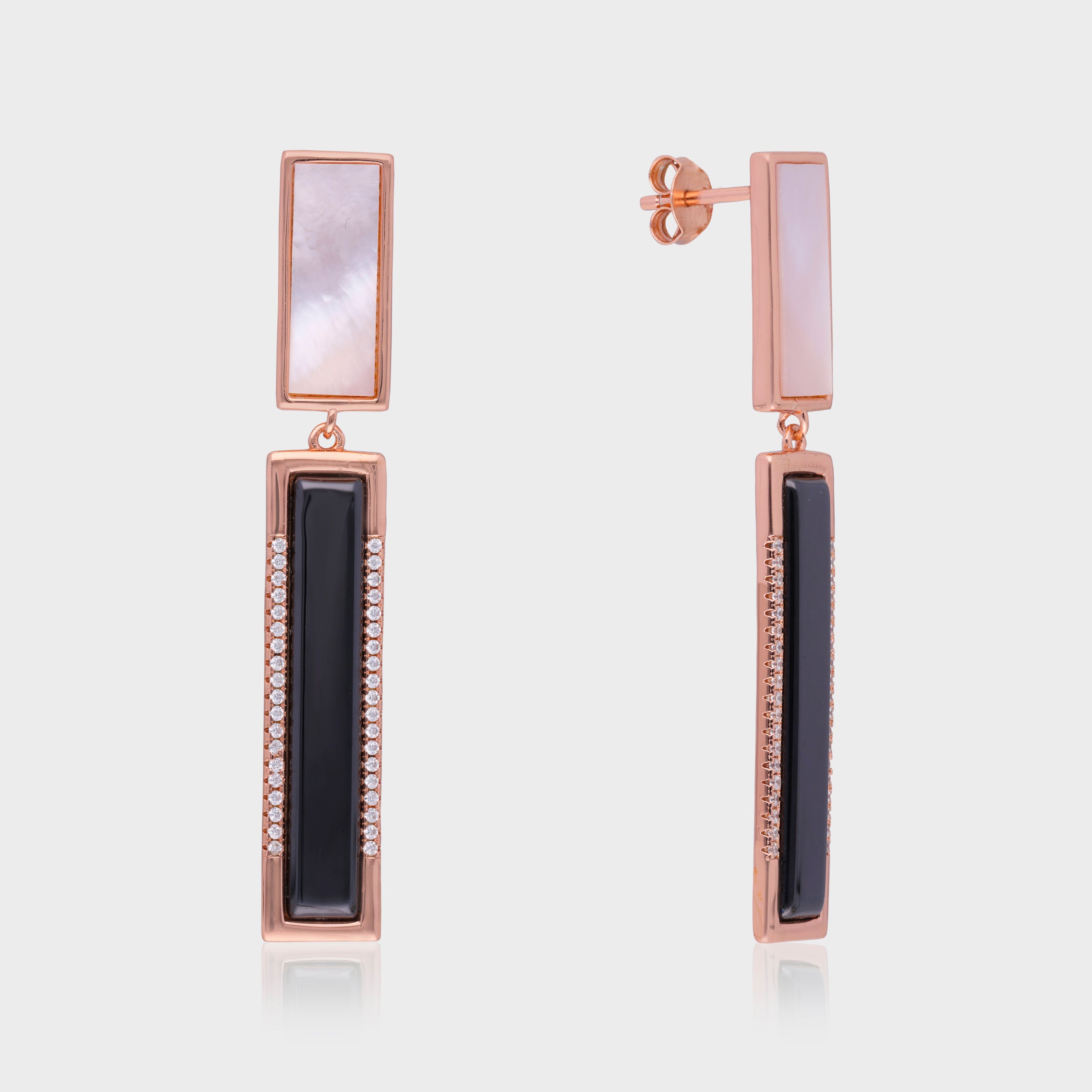Elegant Dual-Tone Sterling Silver Drop Earrings with Mother of Pearl & Onyx | SKU : 0021129759, 0021129742