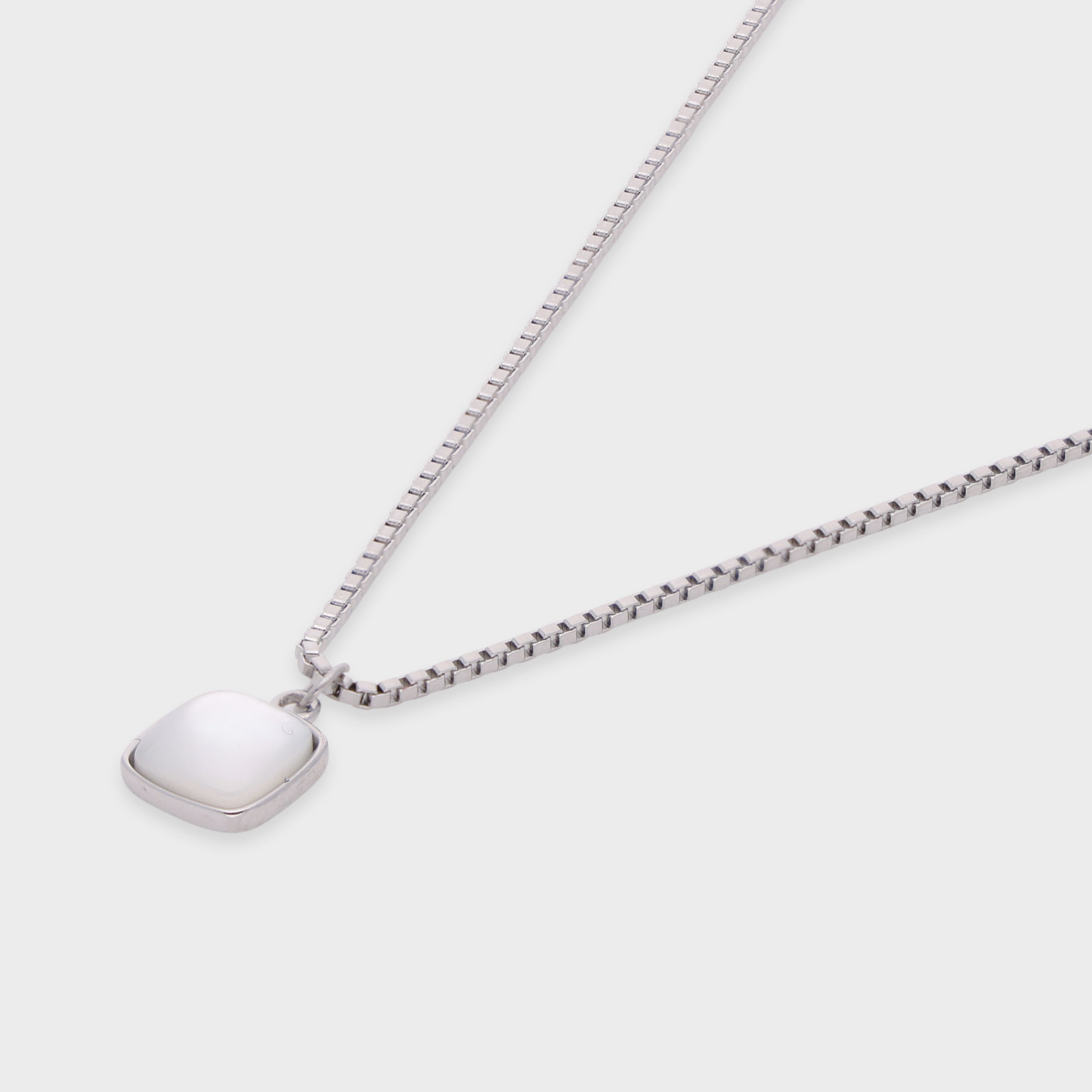 Sterling Silver Box Chain Necklace with Cushion-Cut White Stone Pendant | SKU : 0021149856, 0021149863, 0021149870, 0021149894, 0021149917, 0021149900