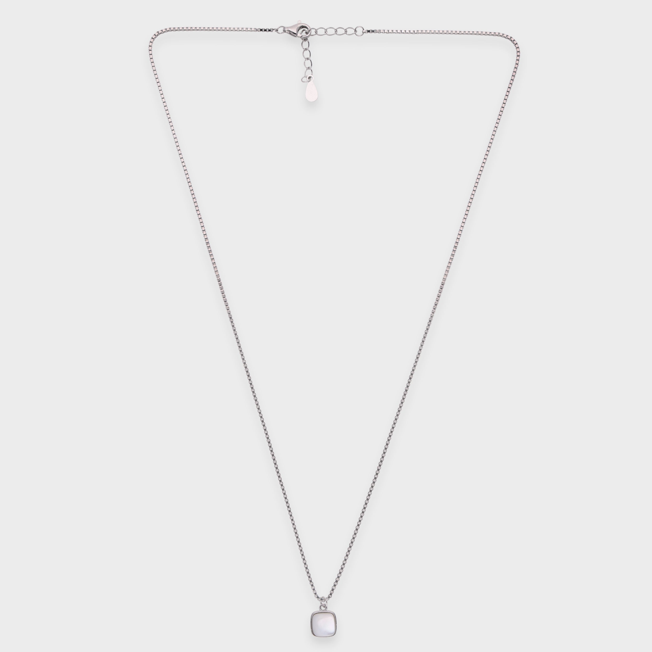 Sterling Silver Box Chain Necklace with Cushion-Cut White Stone Pendant | SKU : 0021149856, 0021149863, 0021149870, 0021149894, 0021149917, 0021149900