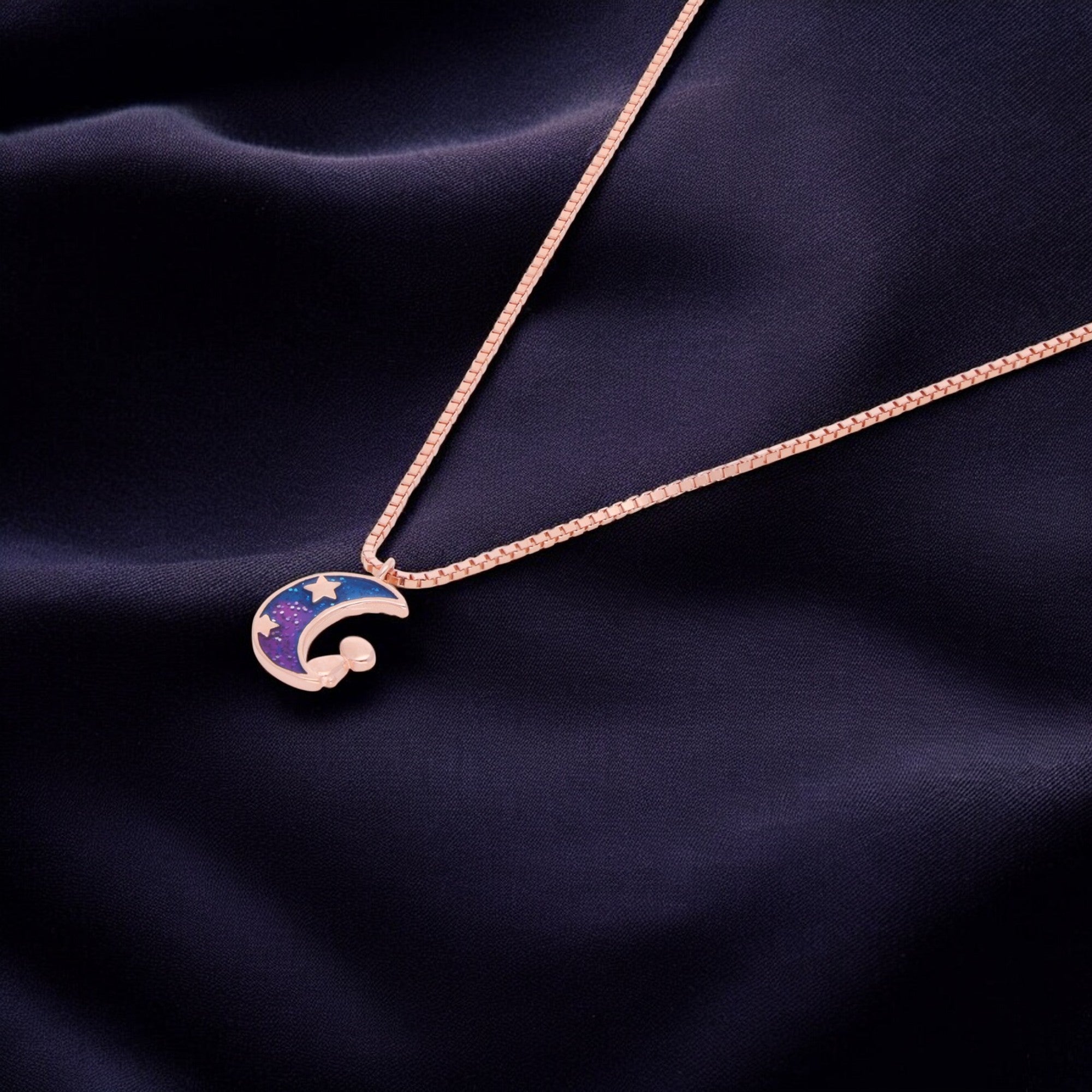 Celestial Silver Chain with Enamel Crescent Moon Pendant | SKU : 0021173783, 0021173790, 0021173806, 0021173813, 0003525302, 0003525319