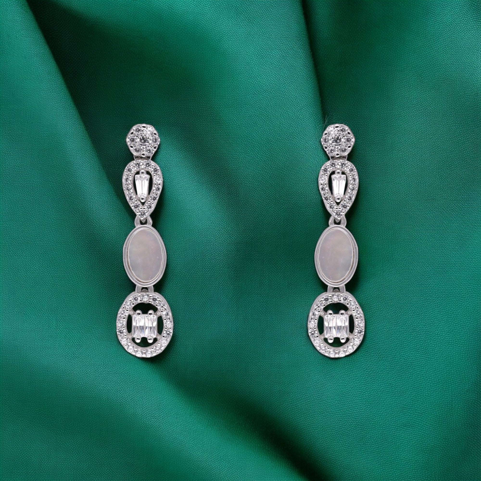 Sterling Silver Triple Drop Earrings with Oval Center and Baguette Accents | SKU : 0021188411, 0003526194