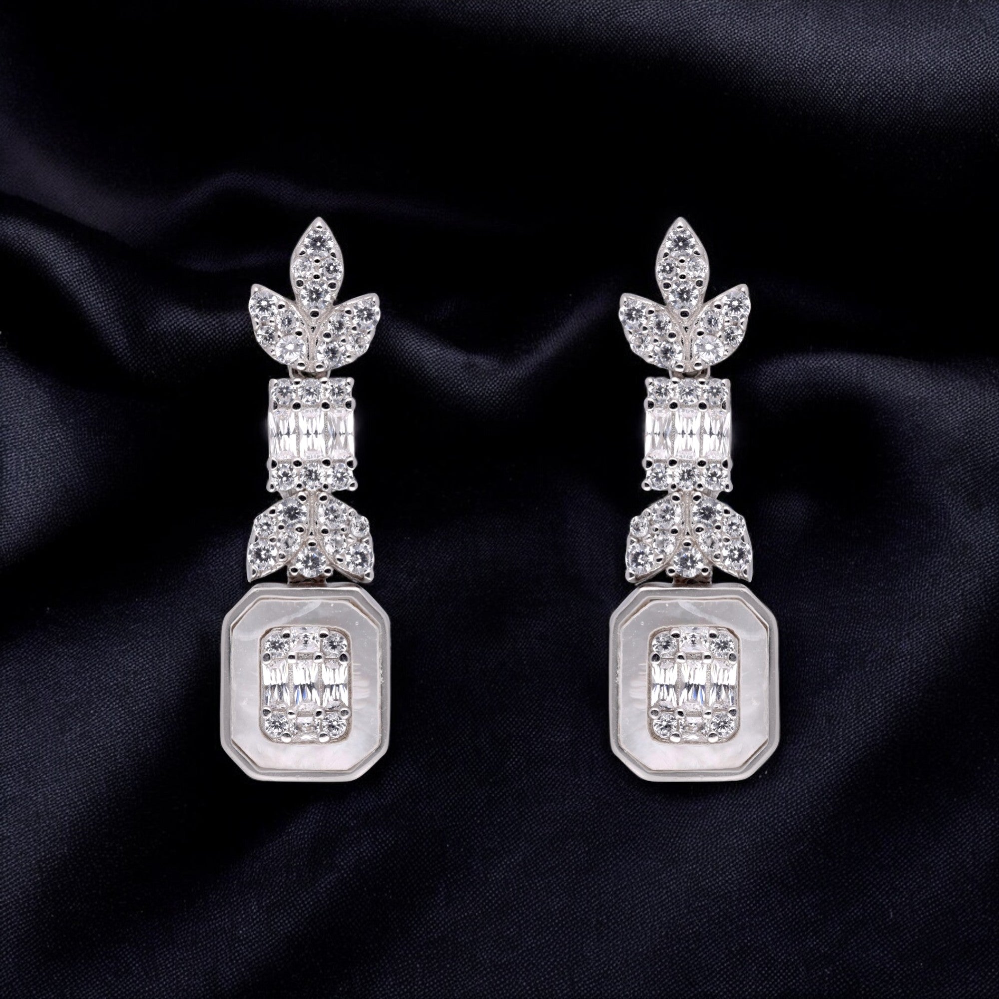 Sterling Silver Leaf Motif Earrings with Octagonal Drop and Baguette Accents | SKU : 0021188435, 0003525470