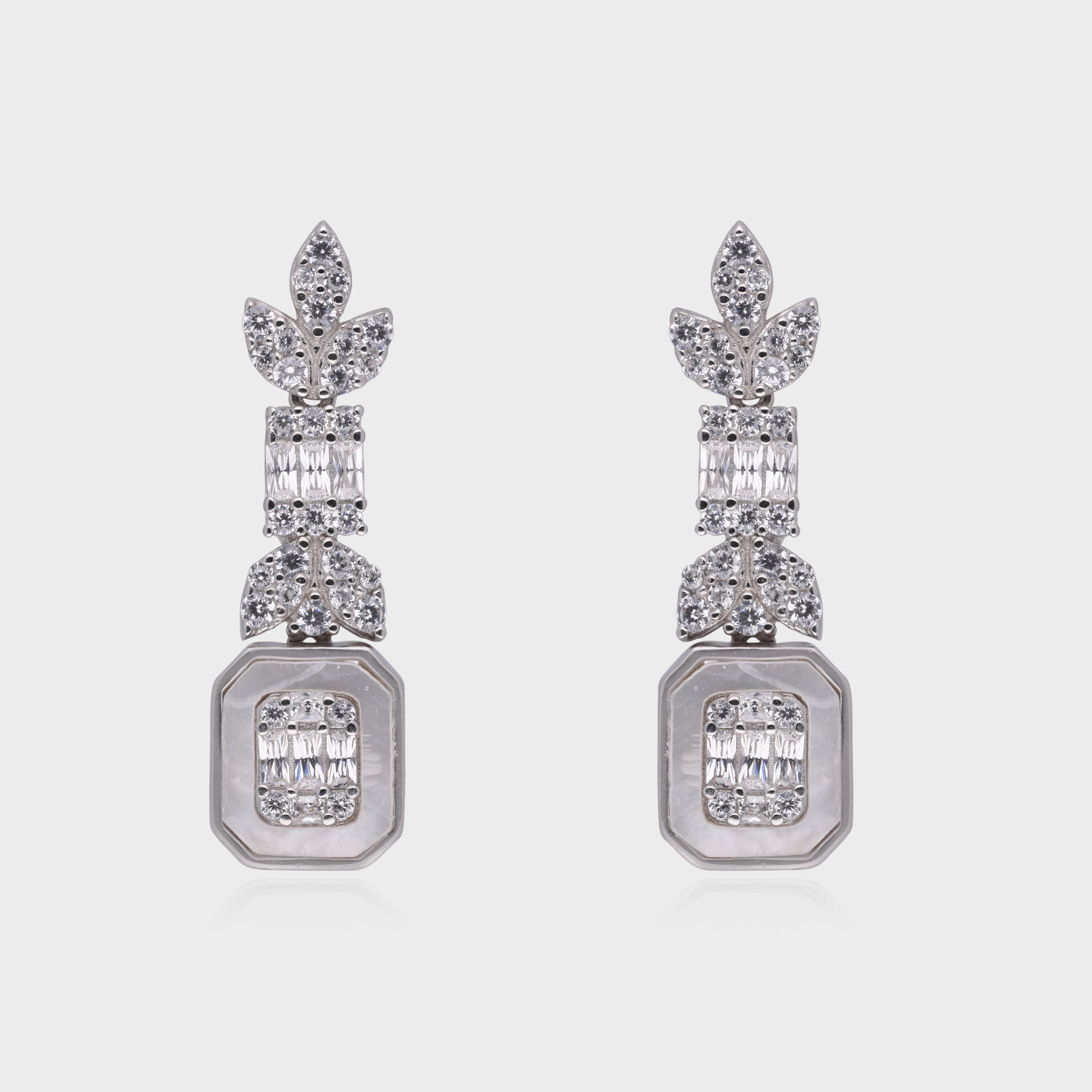 Sterling Silver Leaf Motif Earrings with Octagonal Drop and Baguette Accents | SKU : 0021188435, 0003525470