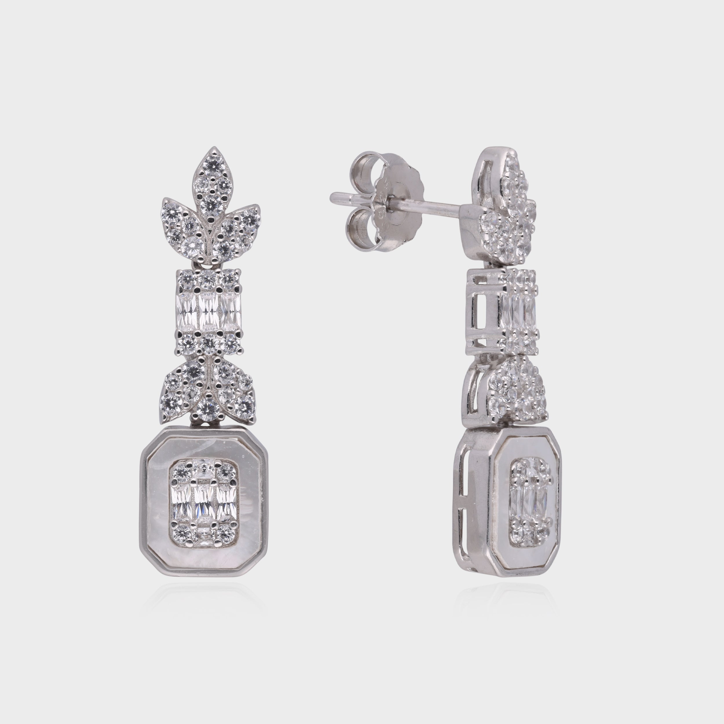 Sterling Silver Leaf Motif Earrings with Octagonal Drop and Baguette Accents | SKU : 0021188435, 0003525470