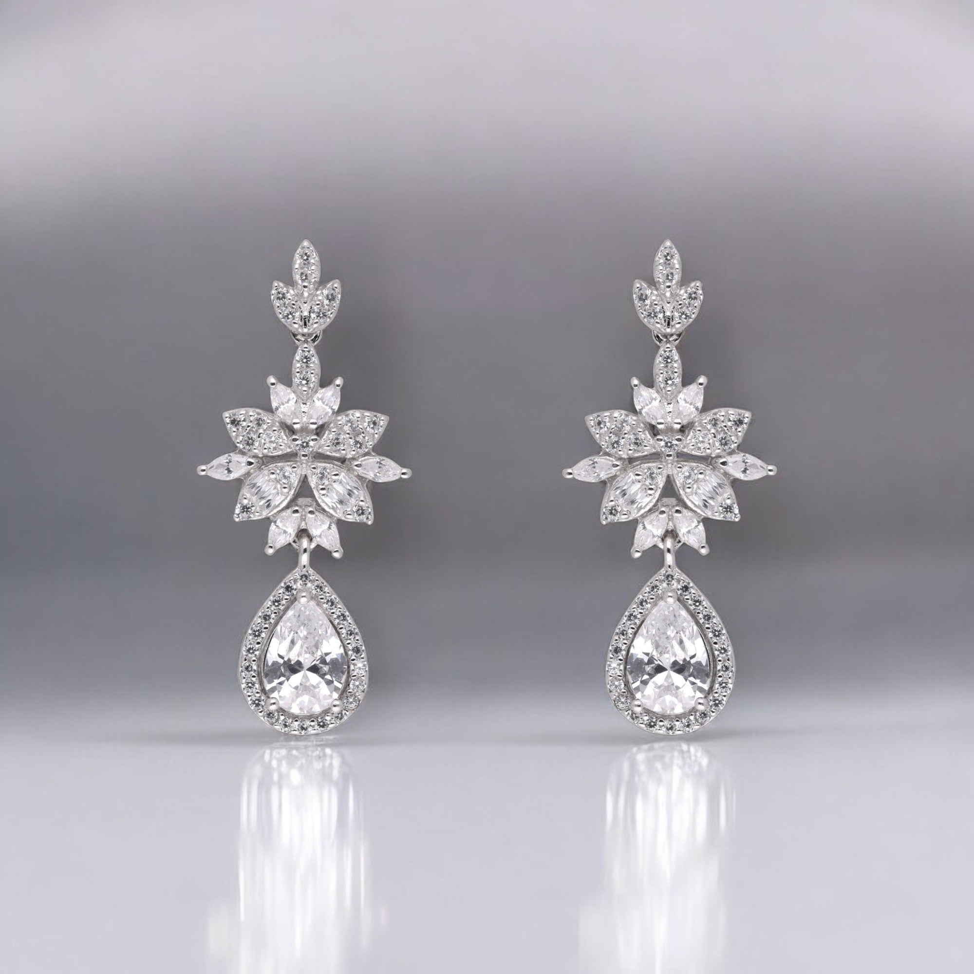 Sterling Silver Floral Cascade Earrings with Pear-Shaped Drops | SKU : 0021188459