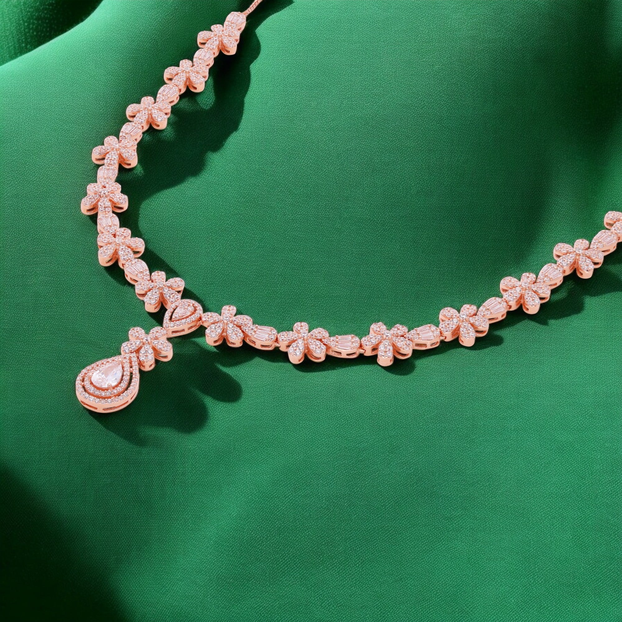 Floral Garland Necklace with Pear-Shaped Drop – Rose & Silver Finish Variants | SKU : 0021188527, 0021188503, 0003525760, 0003525487, 0003525524, 0003526224