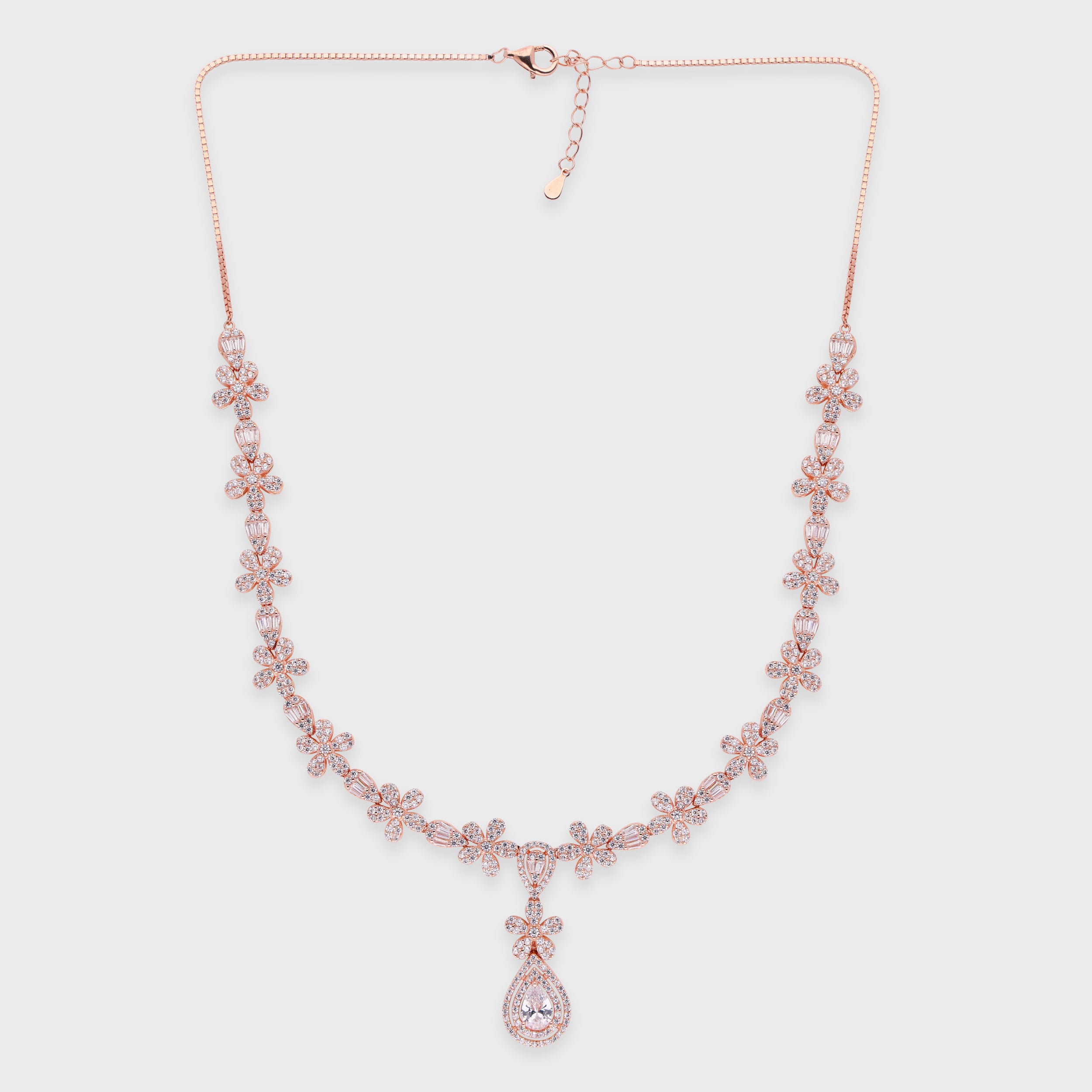 Floral Garland Necklace with Pear-Shaped Drop – Rose & Silver Finish Variants | SKU : 0021188527, 0021188503, 0003525760, 0003525487, 0003525524, 0003526224