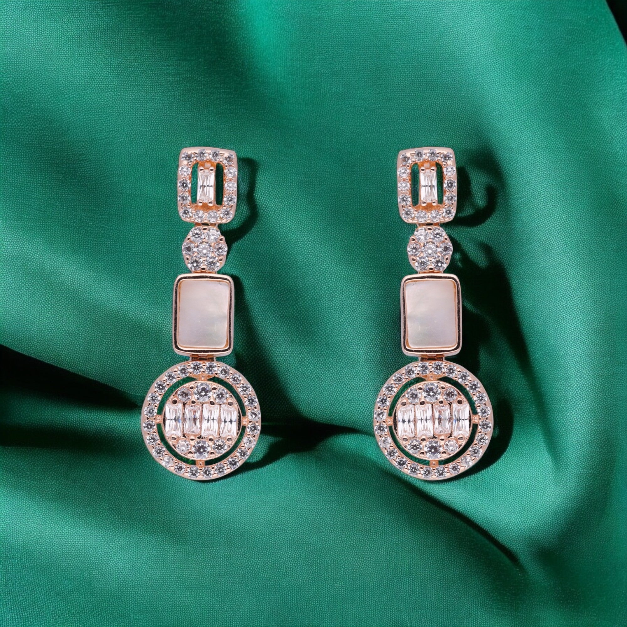 Rose-Tone Geometric Drop Earrings with Mother-of-Pearl and Baguette Accents | SKU : 0021188558, 0021188572