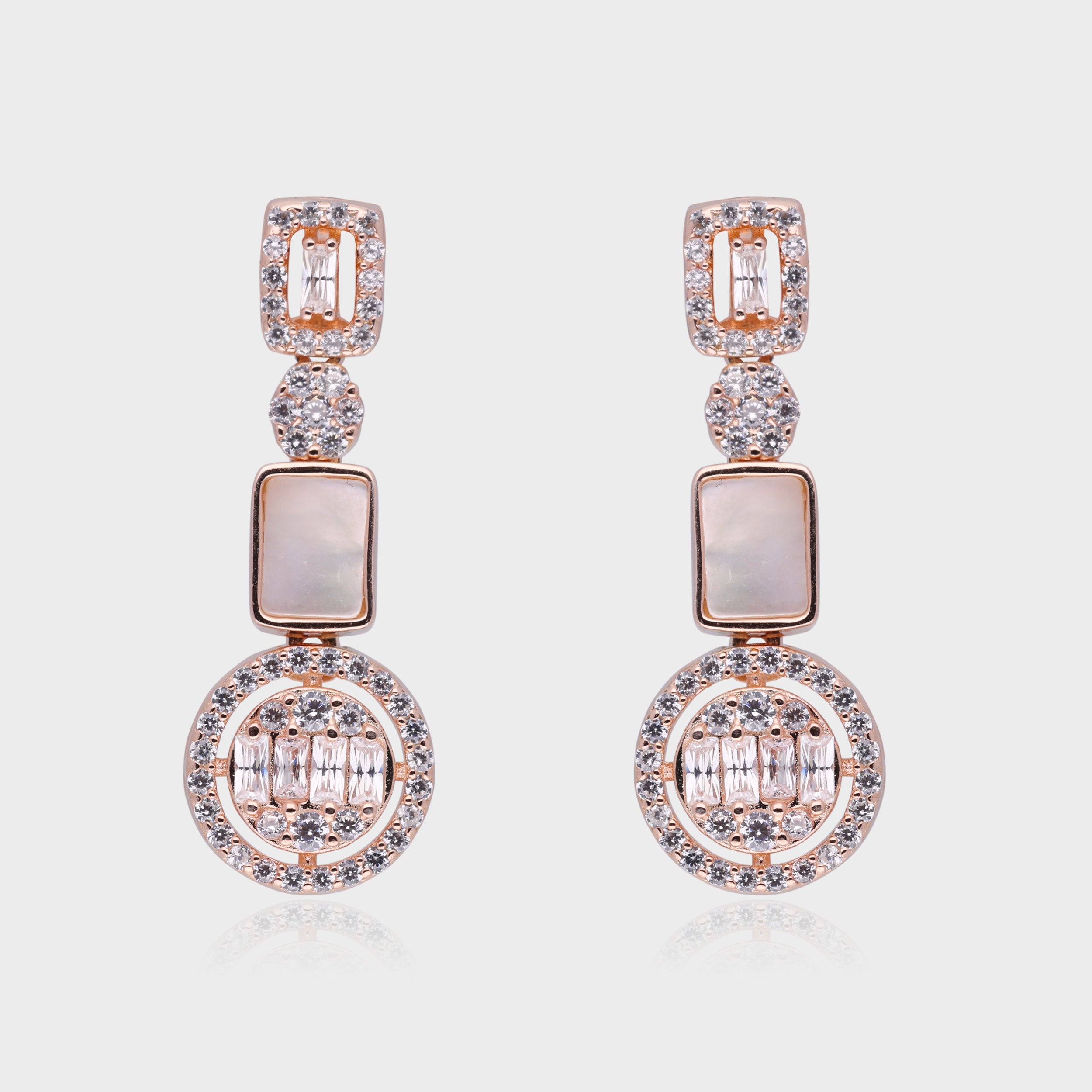 Rose-Tone Geometric Drop Earrings with Mother-of-Pearl and Baguette Accents | SKU : 0021188558, 0021188572