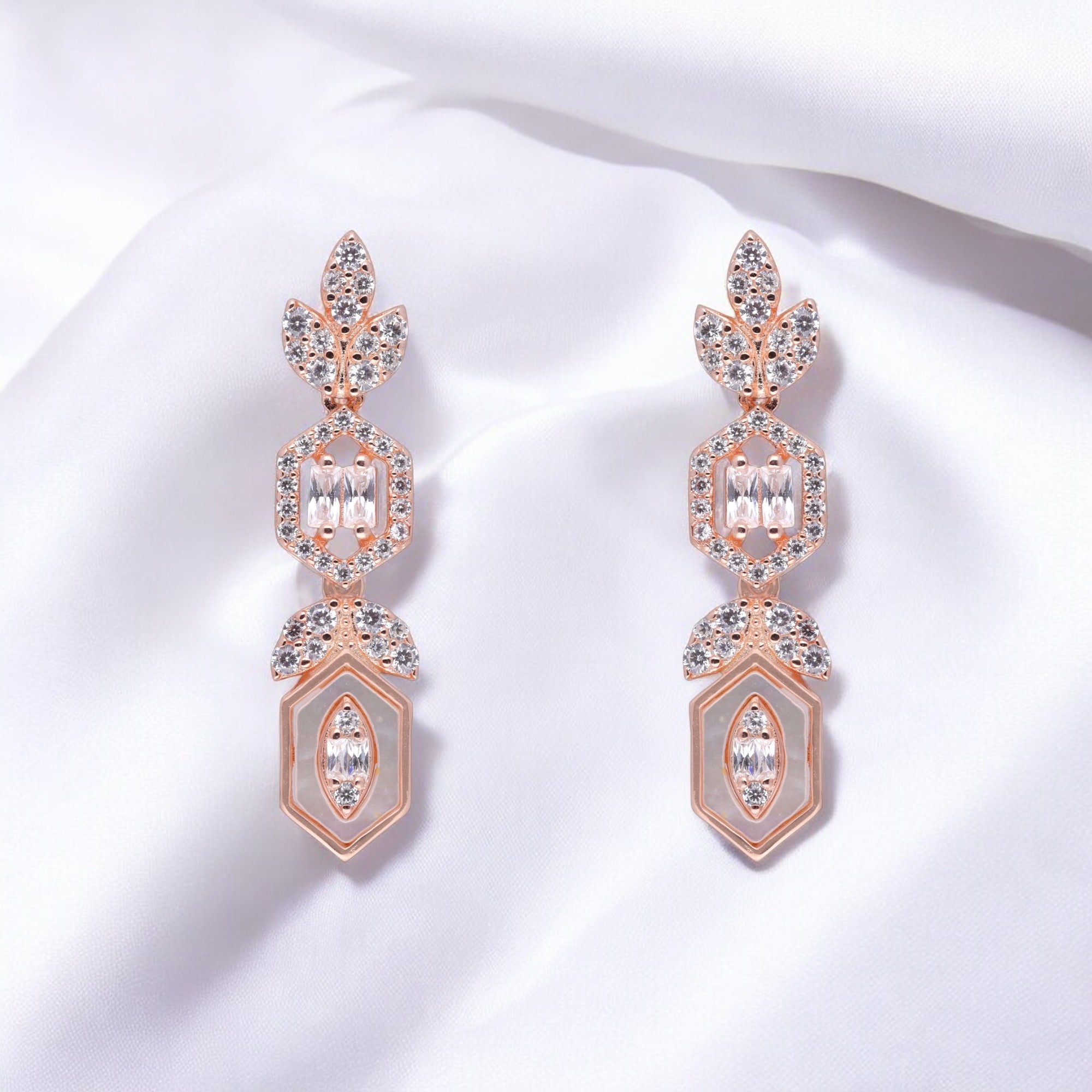 Rose-Tone Leaf Motif Drop Earrings with Mother-of-Pearl and Baguette Details | SKU : 0021188671, 0021188695