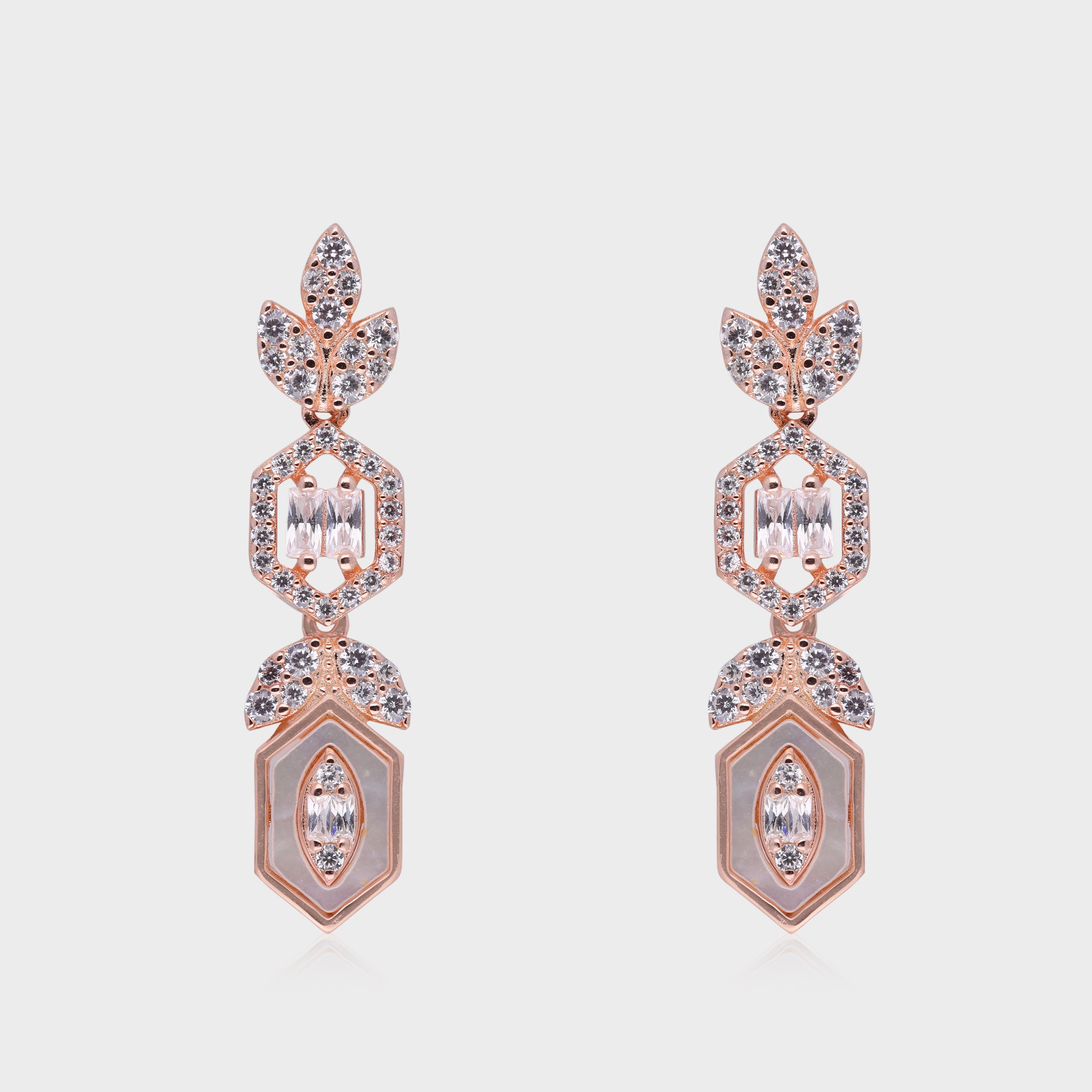 Rose-Tone Leaf Motif Drop Earrings with Mother-of-Pearl and Baguette Details | SKU : 0021188671, 0021188695