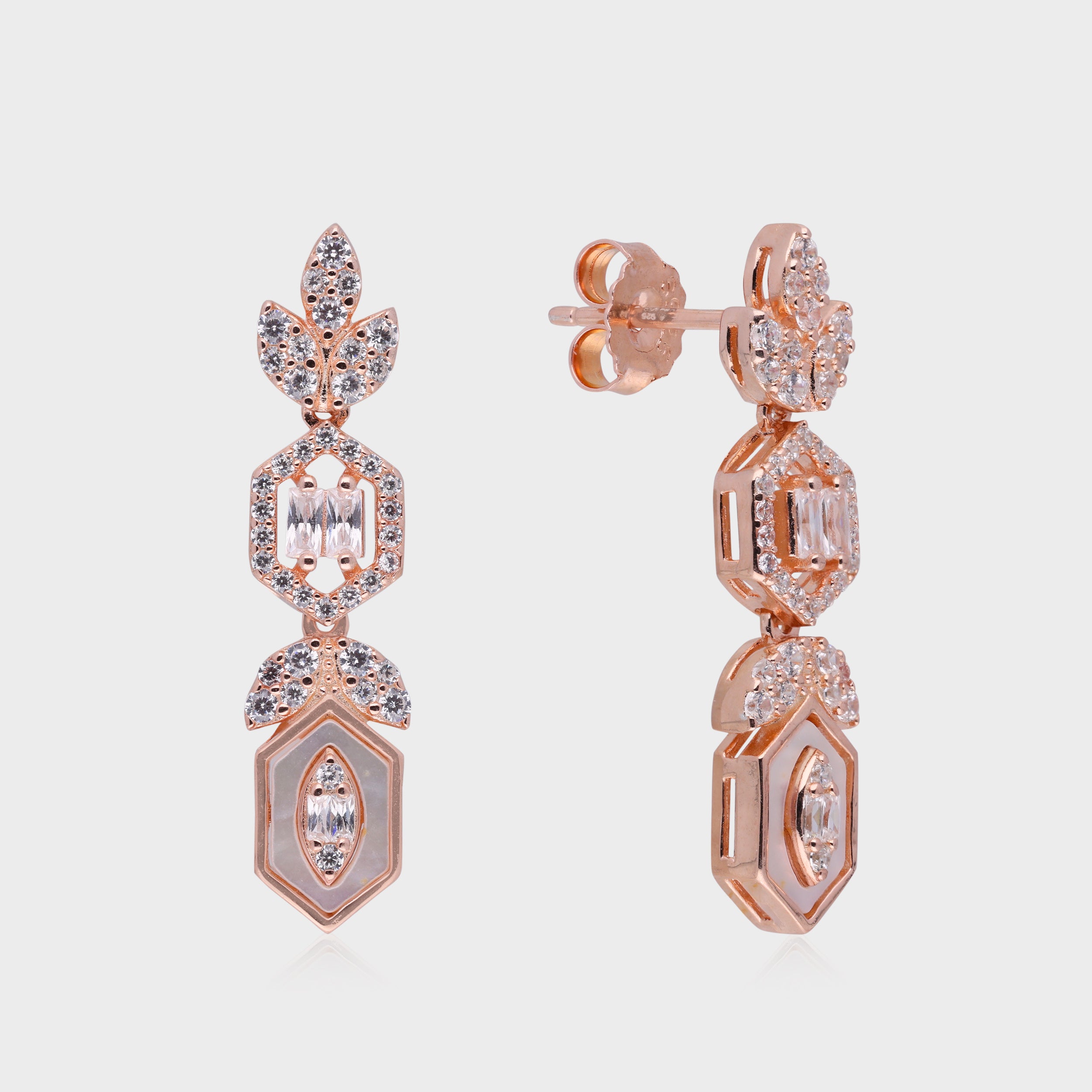 Rose-Tone Leaf Motif Drop Earrings with Mother-of-Pearl and Baguette Details | SKU : 0021188671, 0021188695