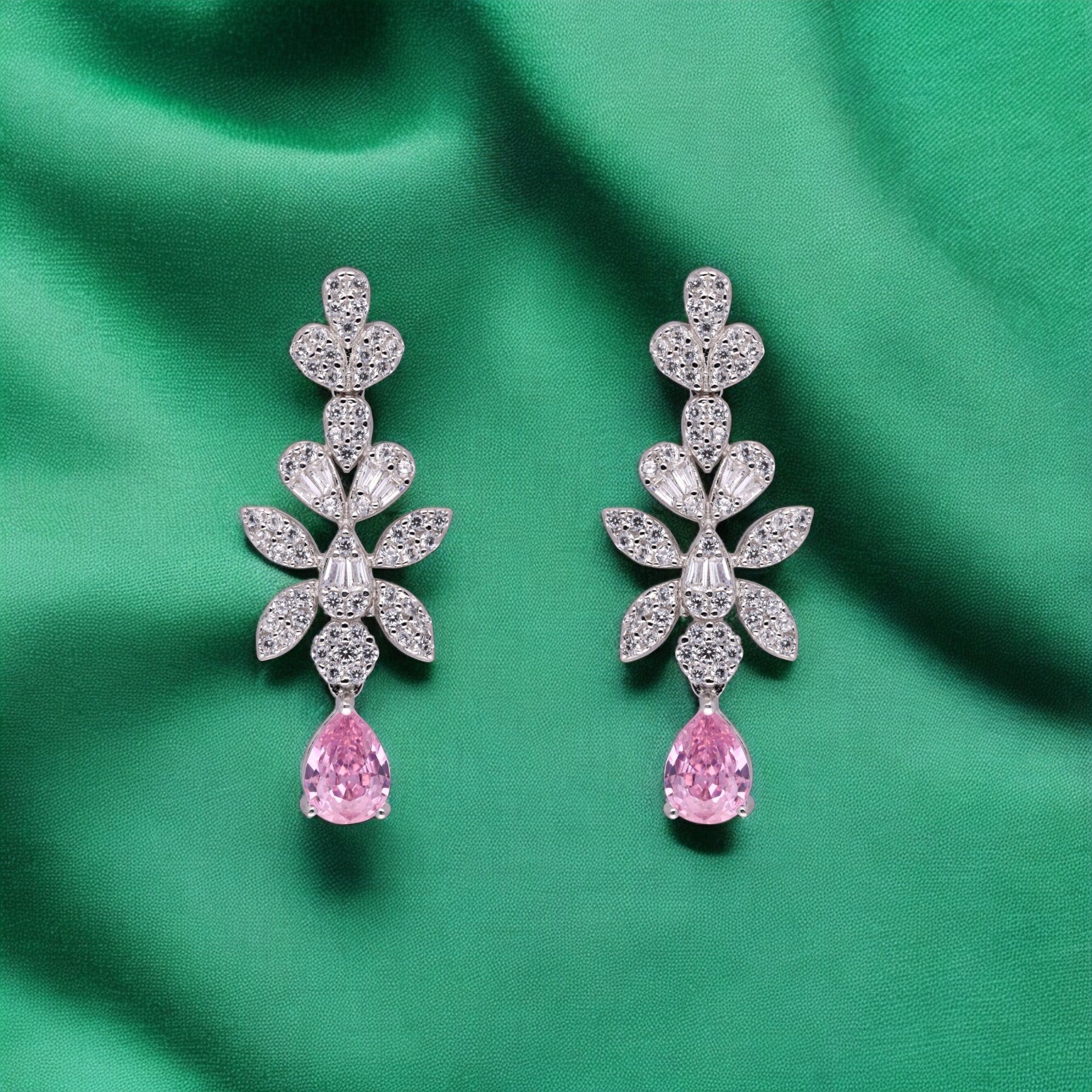 Floral Cascade Earrings with Pear-Shaped Drop – Rose & Silver-Tone Variants | SKU : 0021188718, 0021188732, 0003526217, 0003525395