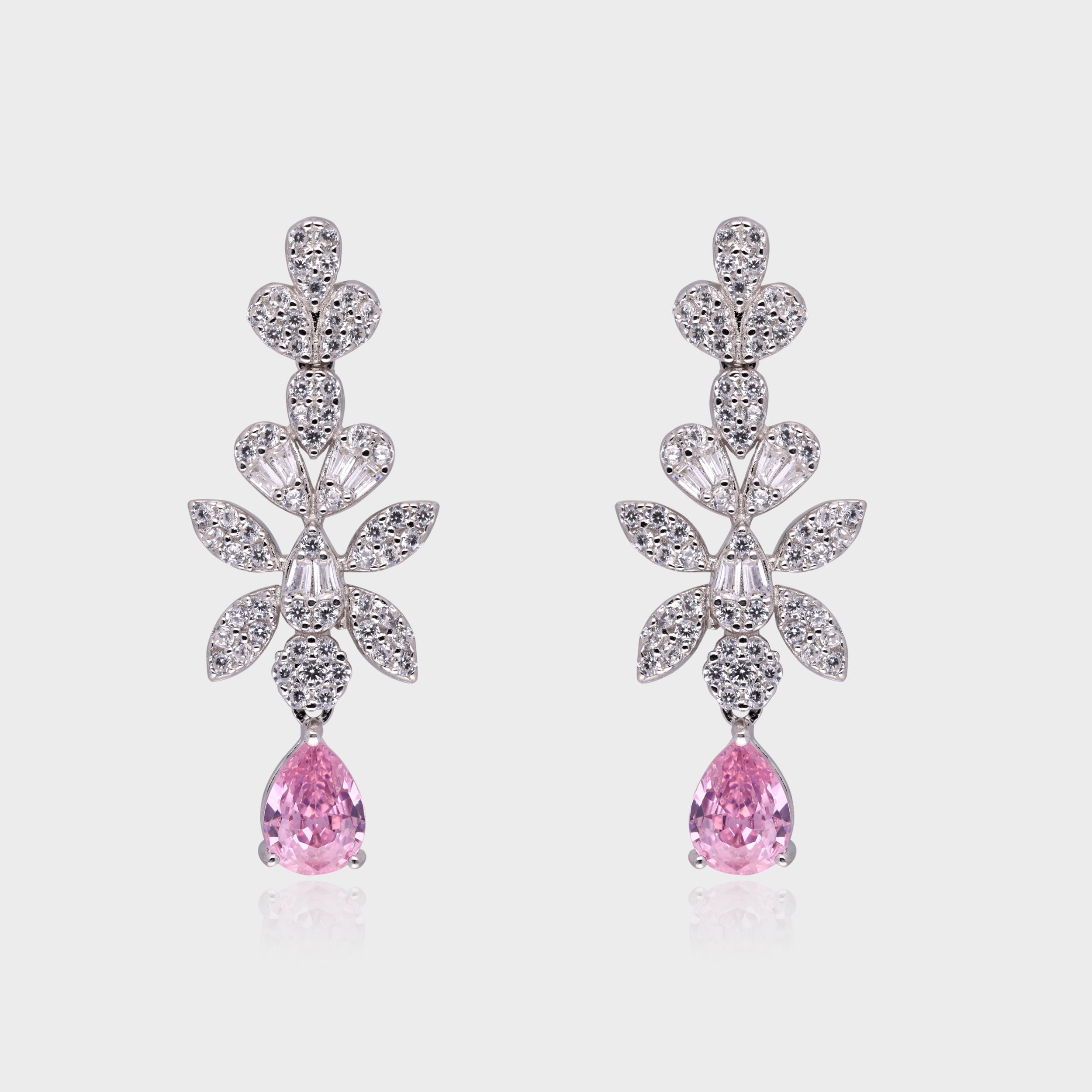 Floral Cascade Earrings with Pear-Shaped Drop – Rose & Silver-Tone Variants | SKU : 0021188718, 0021188732, 0003526217, 0003525395