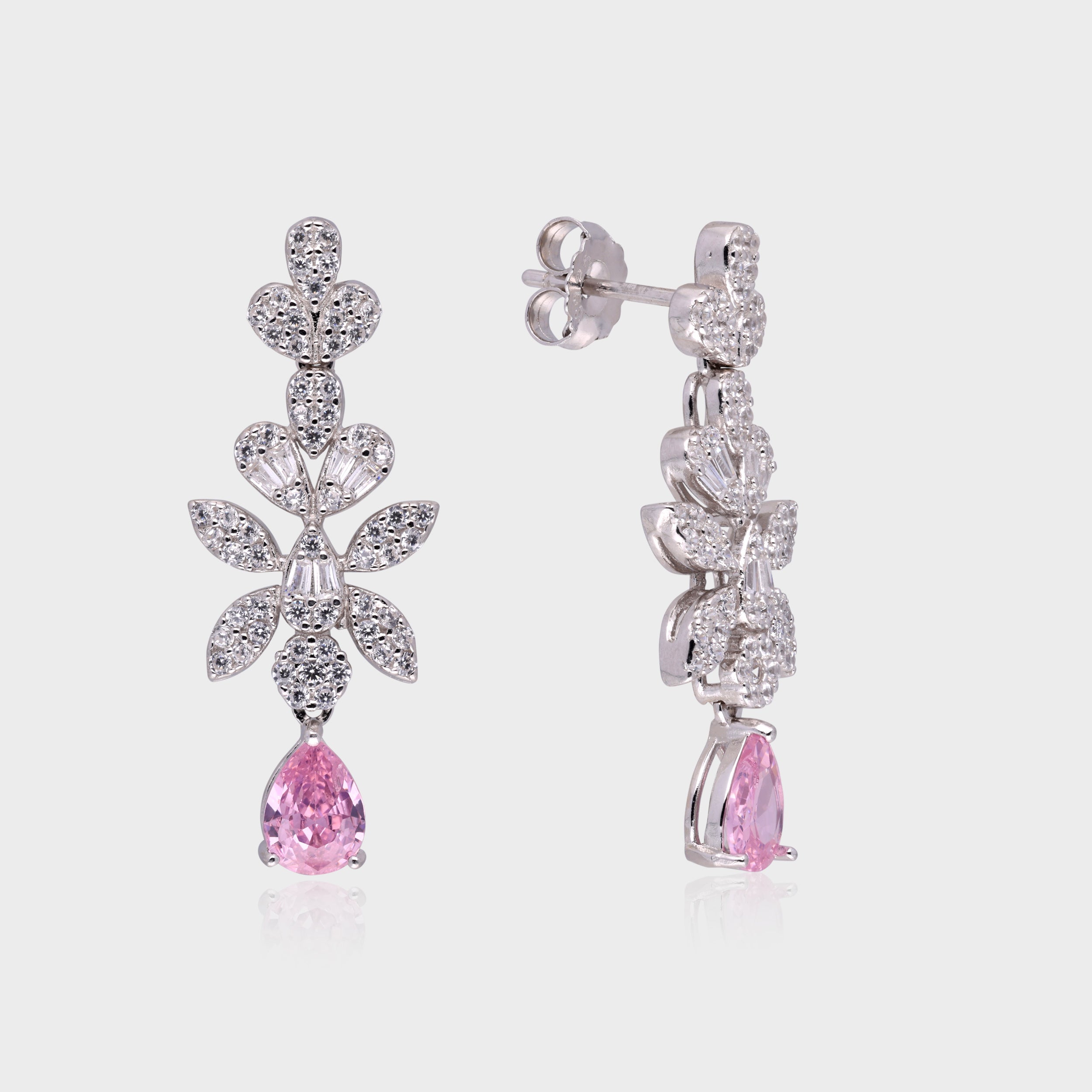 Floral Cascade Earrings with Pear-Shaped Drop – Rose & Silver-Tone Variants | SKU : 0021188718, 0021188732, 0003526217, 0003525395