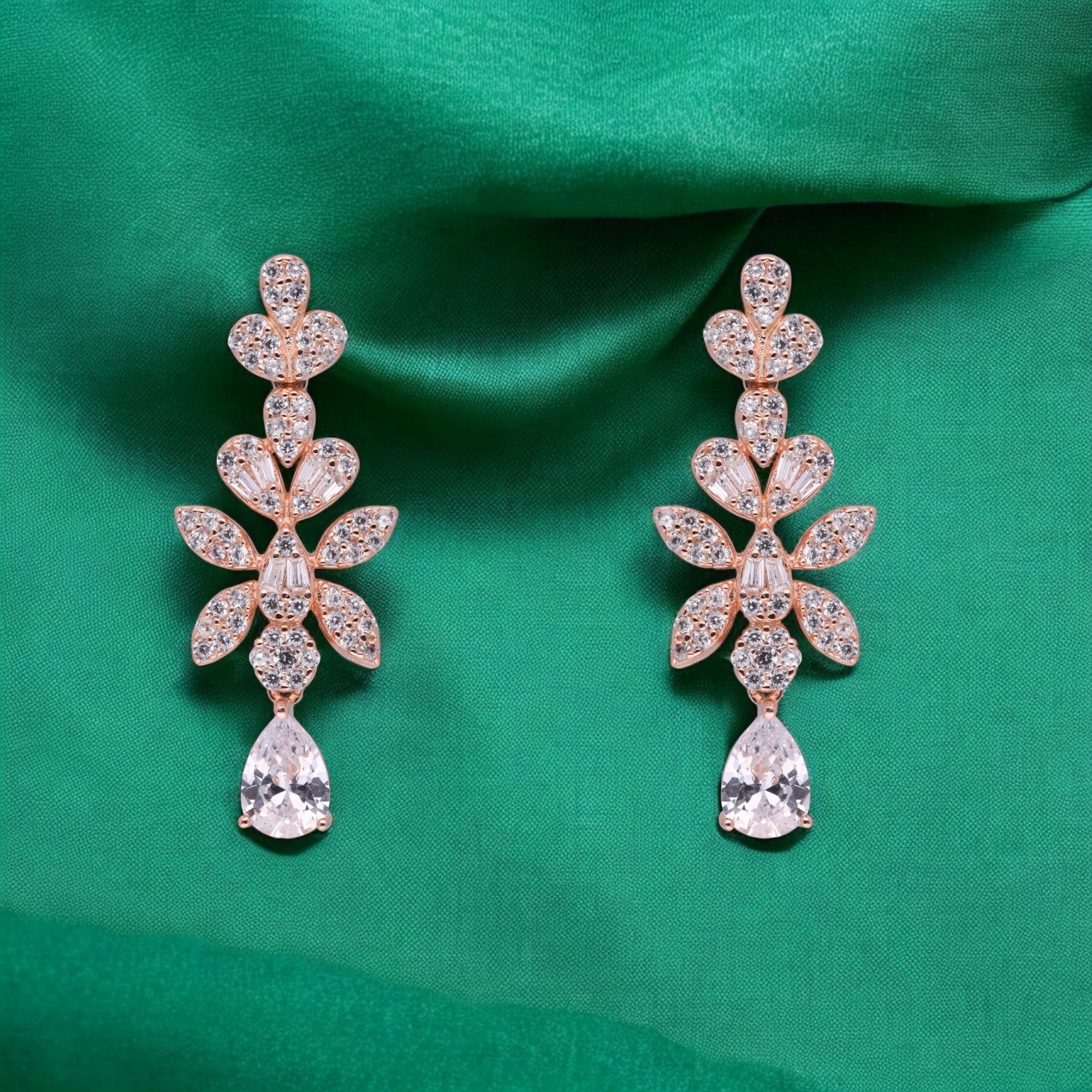 Floral Cascade Earrings with Pear-Shaped Drop – Rose & Silver-Tone Variants | SKU : 0021188718, 0021188732, 0003526217, 0003525395