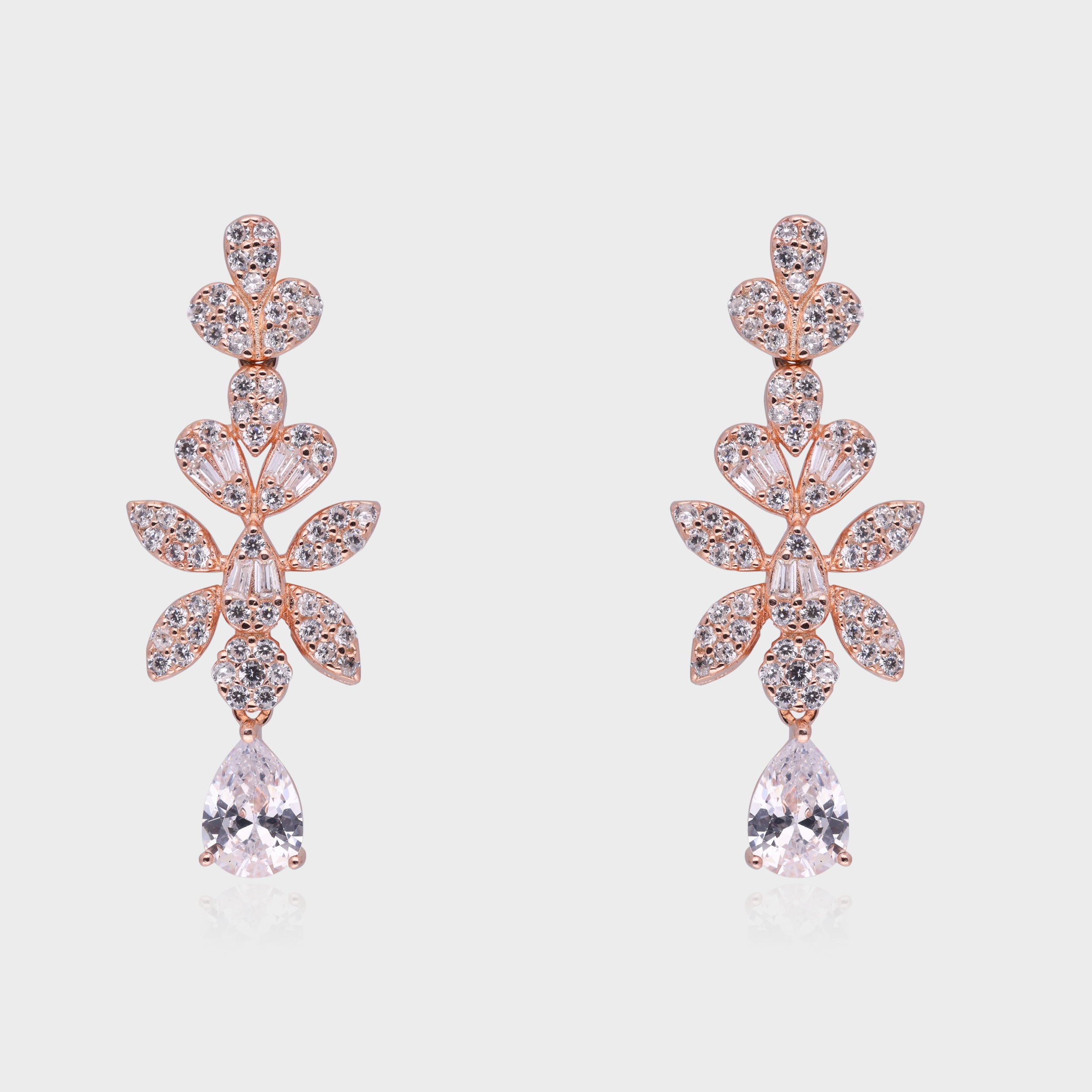 Floral Cascade Earrings with Pear-Shaped Drop – Rose & Silver-Tone Variants | SKU : 0021188718, 0021188732, 0003526217, 0003525395