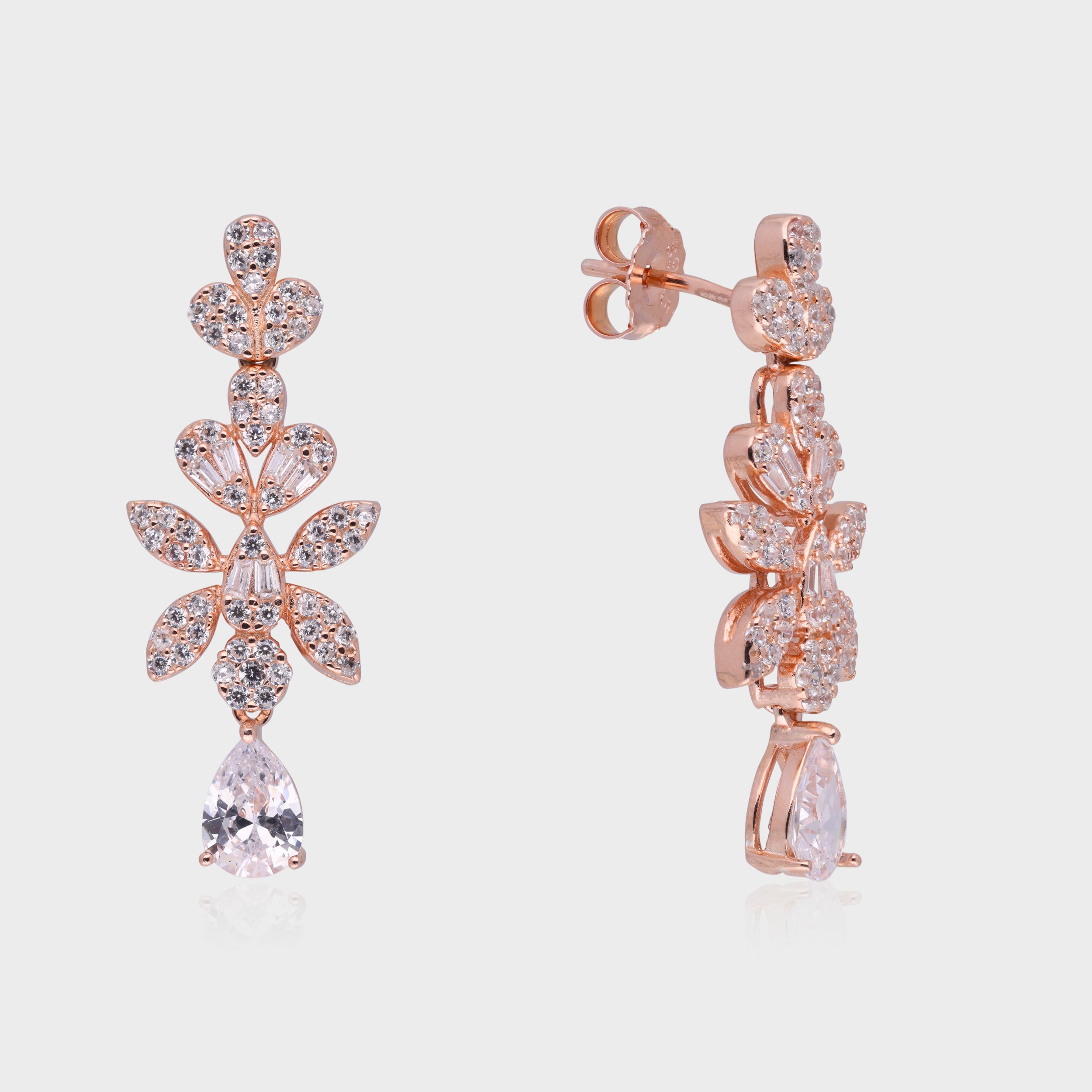 Floral Cascade Earrings with Pear-Shaped Drop – Rose & Silver-Tone Variants | SKU : 0021188718, 0021188732, 0003526217, 0003525395