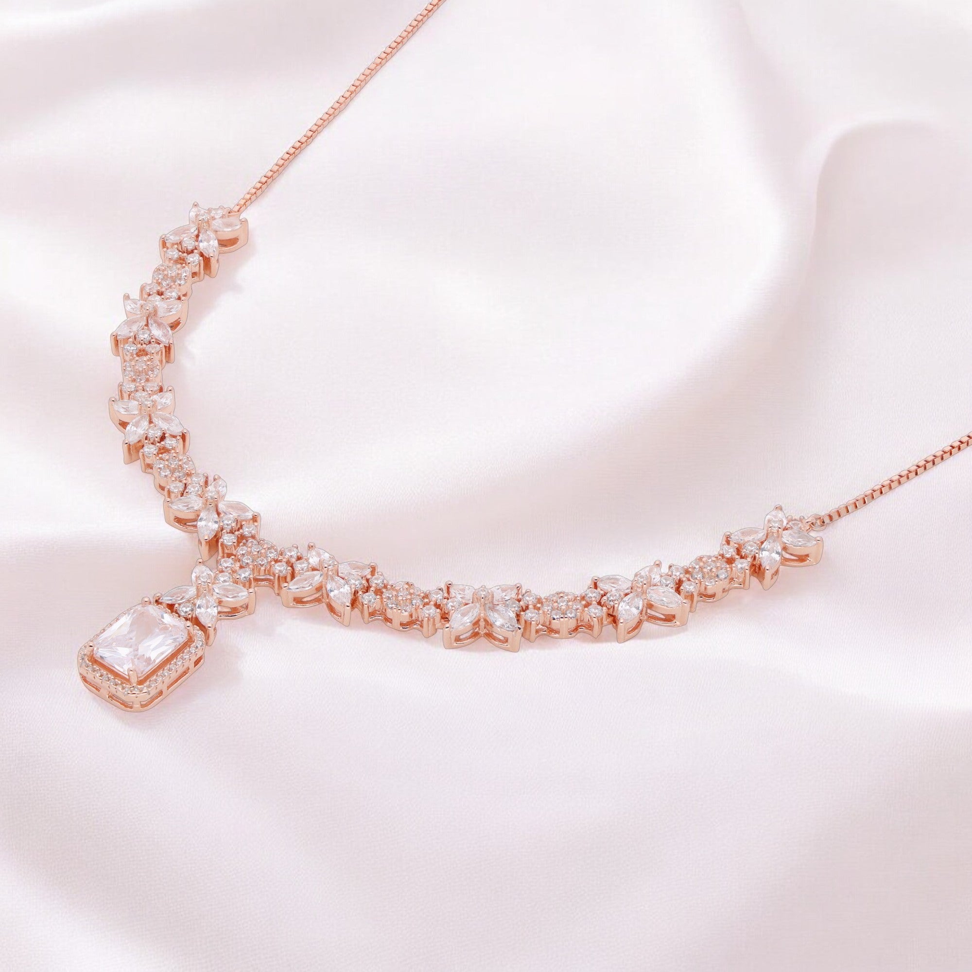 Floral Cluster Necklace with Emerald-Cut Drop Pendant | SKU : 0021188749, 0021188763, 0003525982, 0003525821