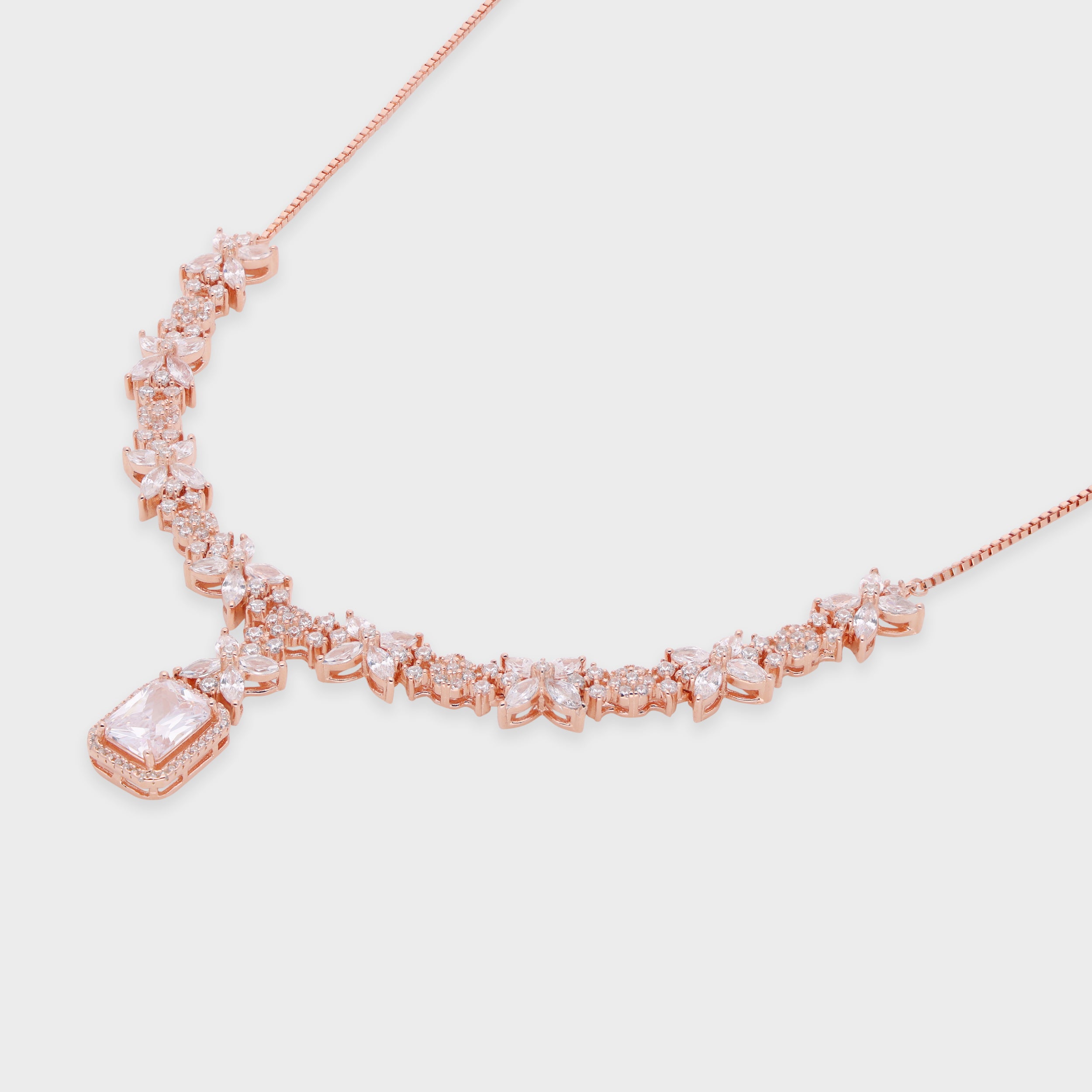 Floral Cluster Necklace with Emerald-Cut Drop Pendant | SKU : 0021188749, 0021188763, 0003525982, 0003525821