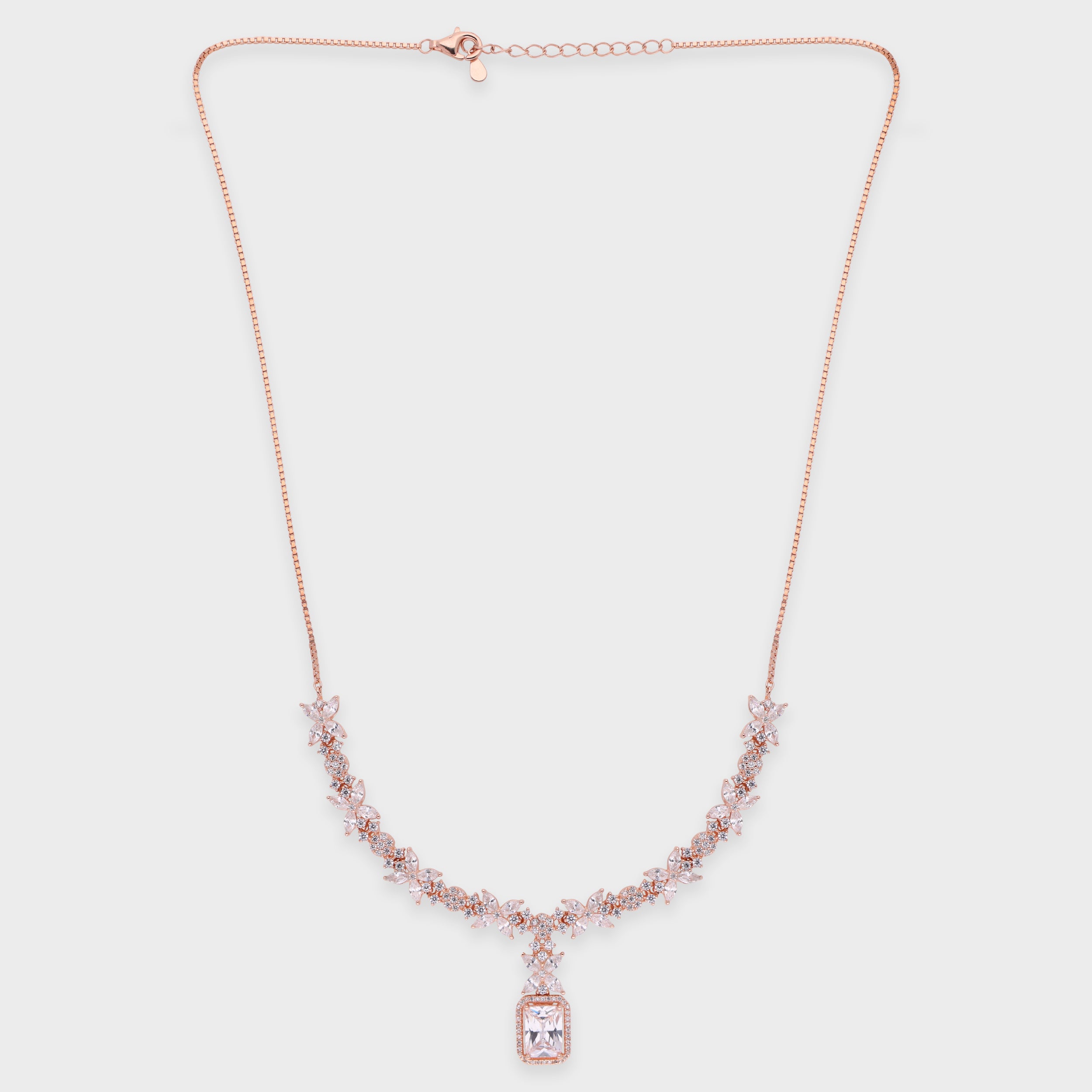 Floral Cluster Necklace with Emerald-Cut Drop Pendant | SKU : 0021188749, 0021188763, 0003525982, 0003525821