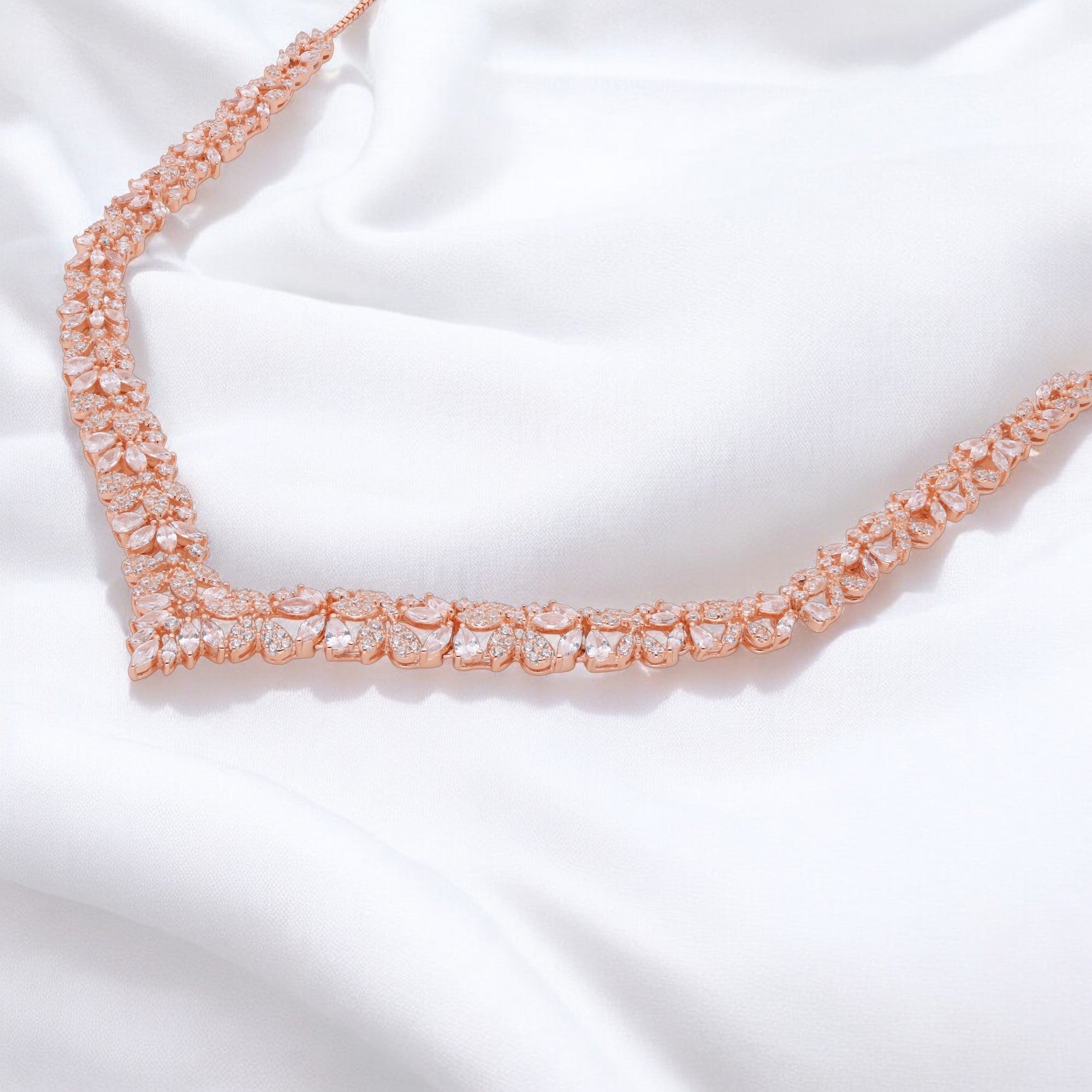 Floral Vine V-Shape Necklace in White and Rose Gold Finish | SKU : 0021188862, 0021188848