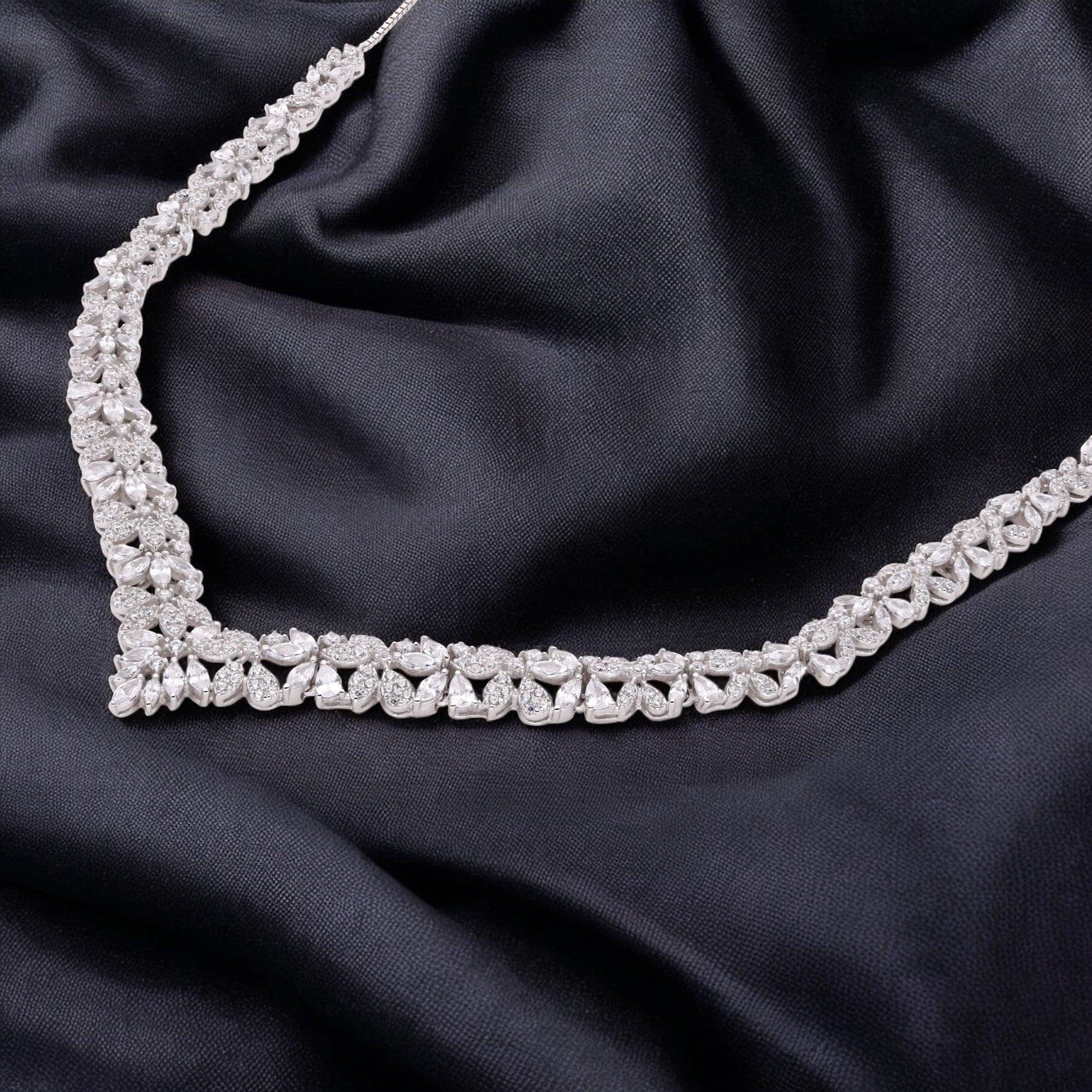 Floral Vine V-Shape Necklace in White and Rose Gold Finish | SKU : 0021188862, 0021188848