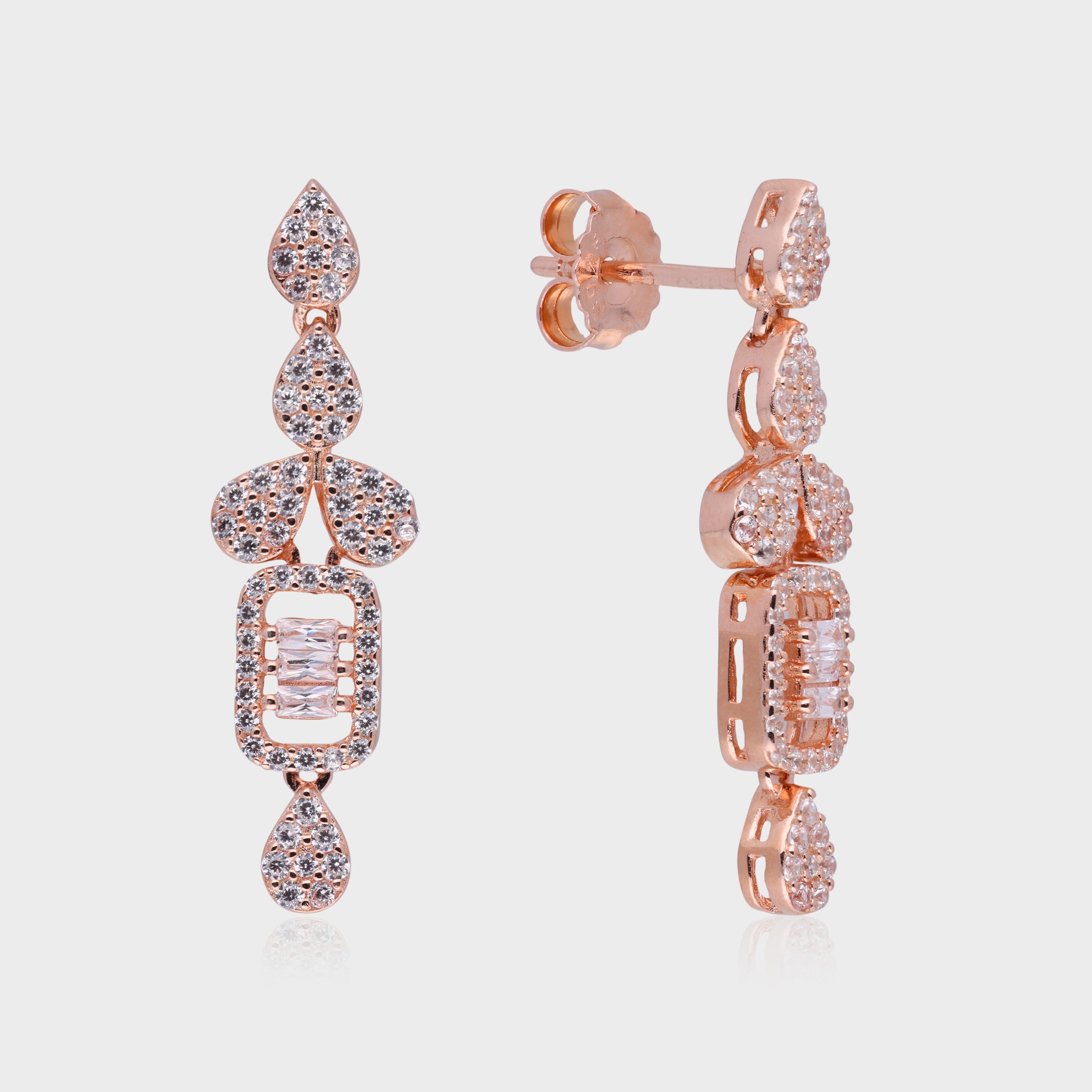 Rose Gold Sterling Silver Drop Earrings with Baguette Accent | SKU : 0021188954, 0021188930, 0003526057