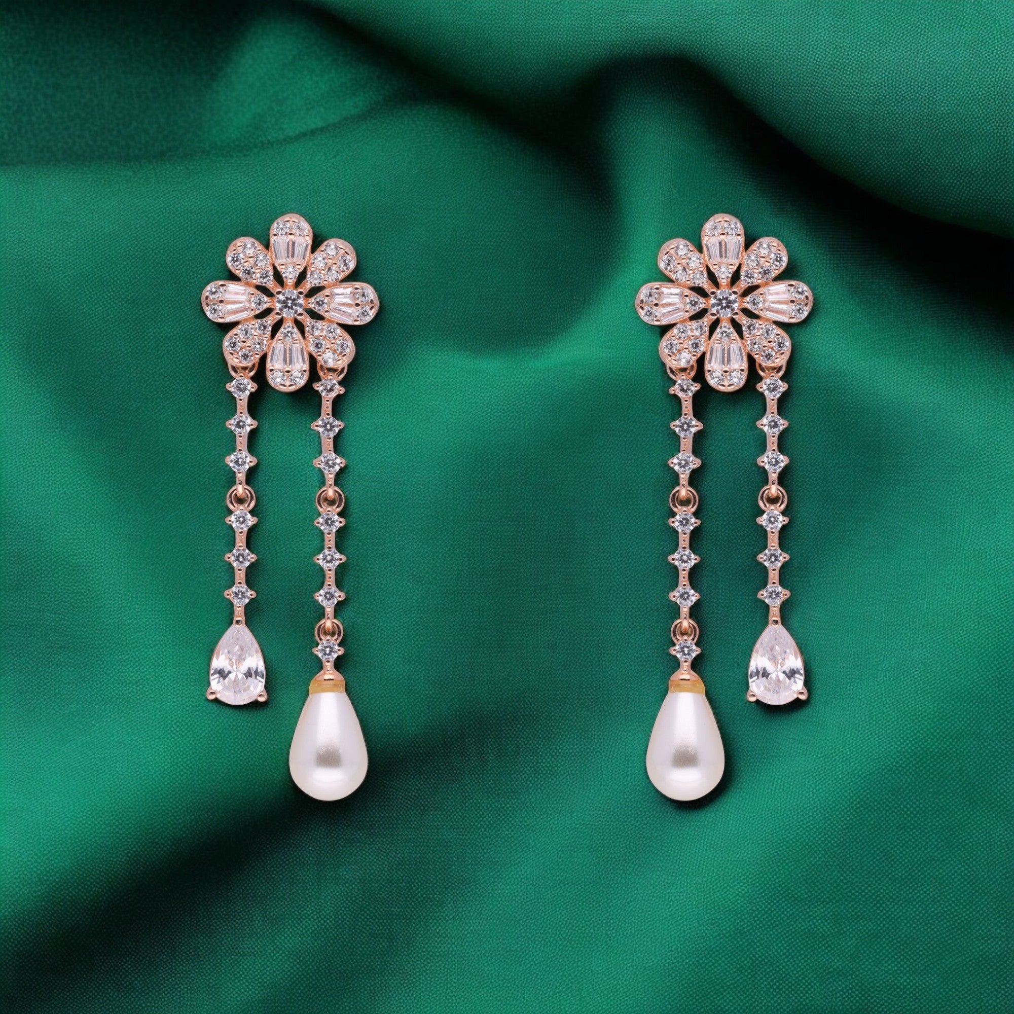 Ethereal Bloom Twin Drop Earrings with Pear-Cut Stones and Pearl Drops | SKU : 0021188978, 0021188992, 0003525791