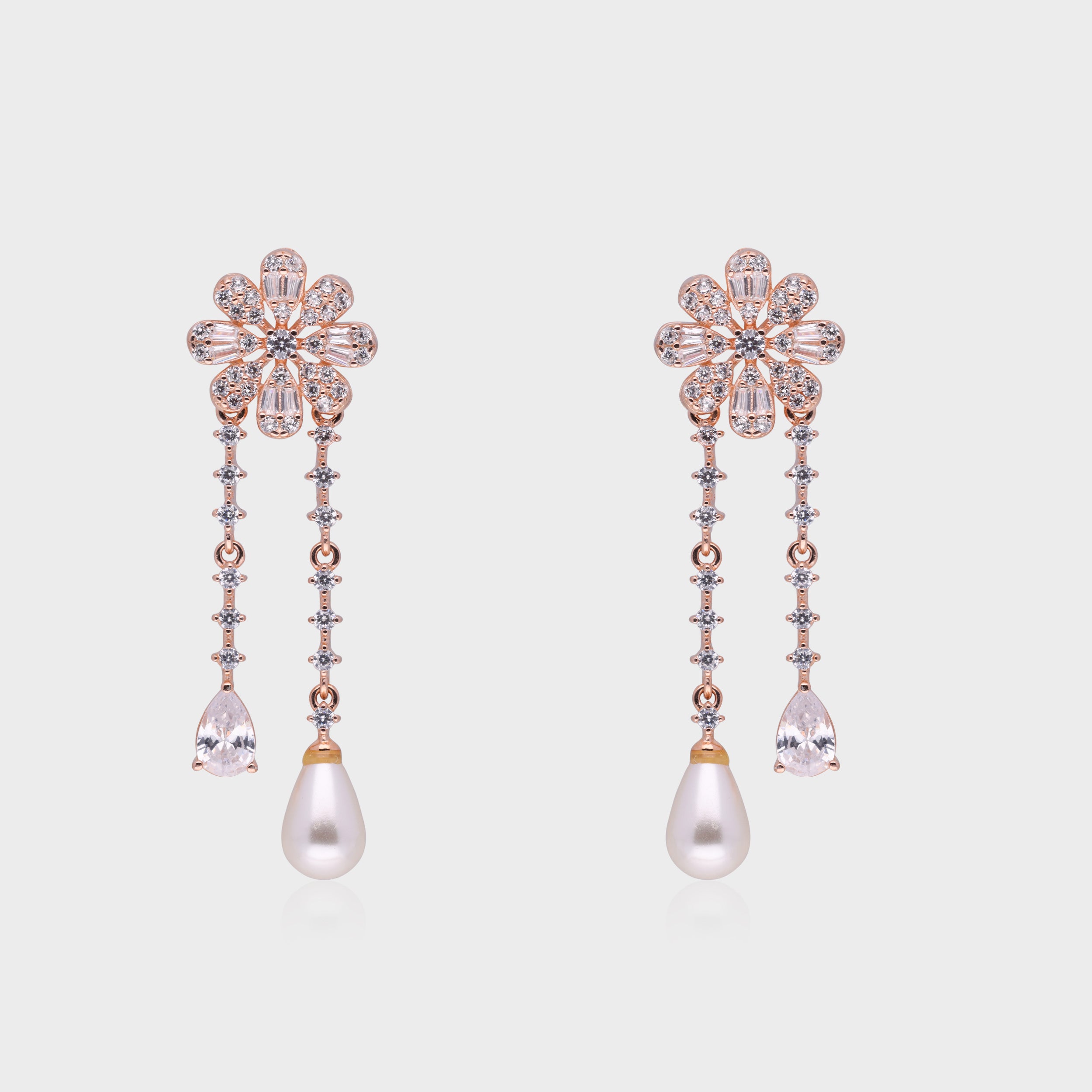 Ethereal Bloom Twin Drop Earrings with Pear-Cut Stones and Pearl Drops | SKU : 0021188978, 0021188992, 0003525791