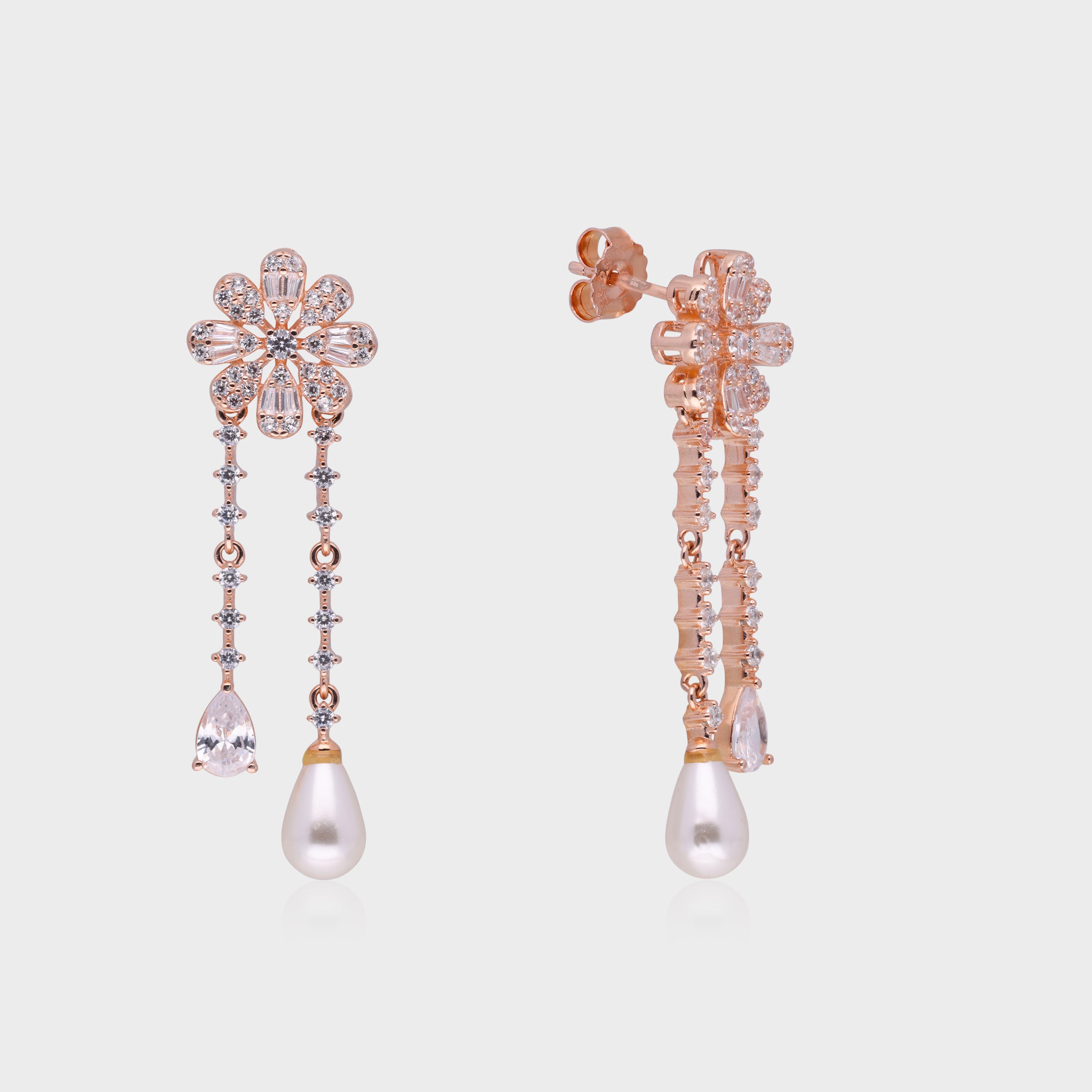 Ethereal Bloom Twin Drop Earrings with Pear-Cut Stones and Pearl Drops | SKU : 0021188978, 0021188992, 0003525791