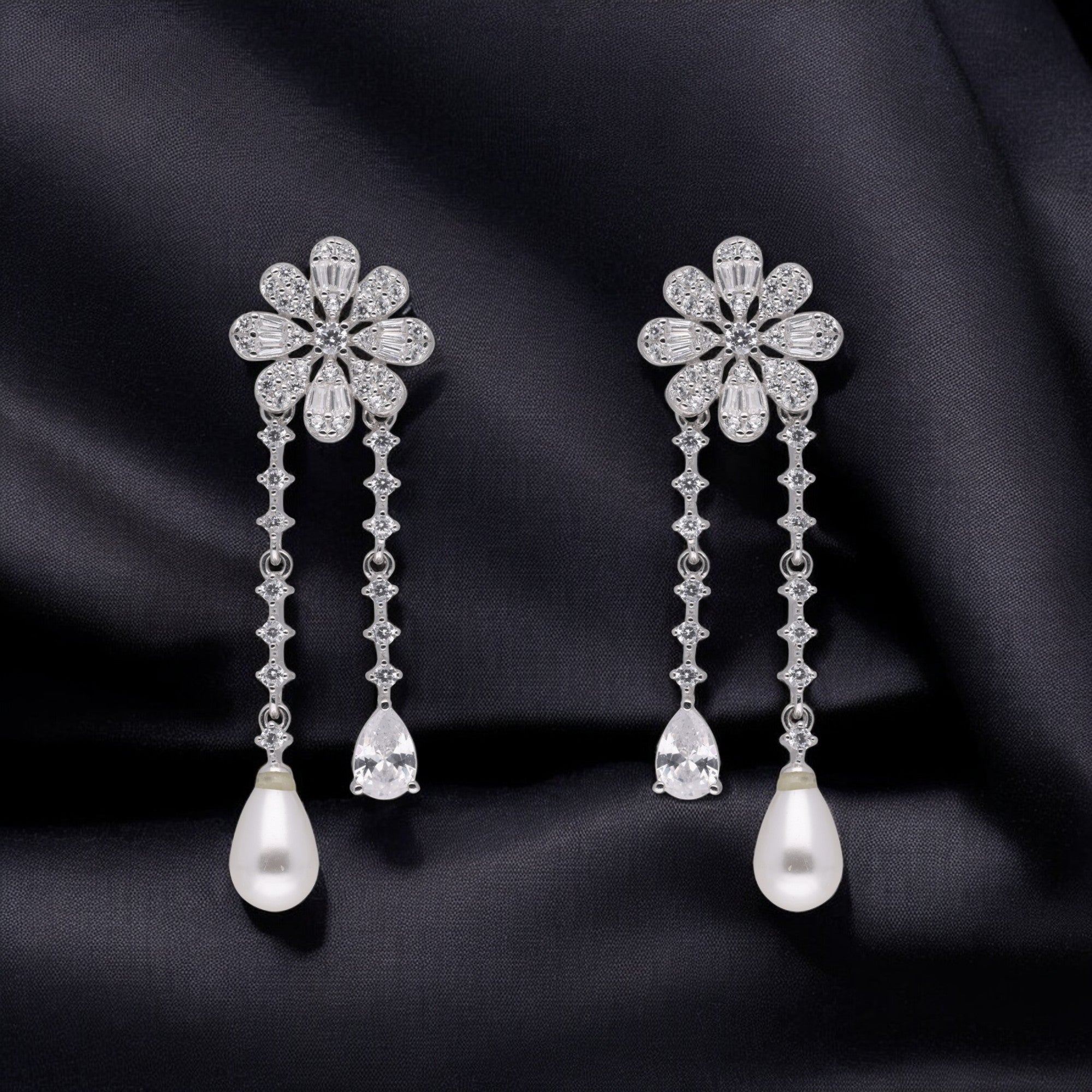 Ethereal Bloom Twin Drop Earrings with Pear-Cut Stones and Pearl Drops | SKU : 0021188978, 0021188992, 0003525791
