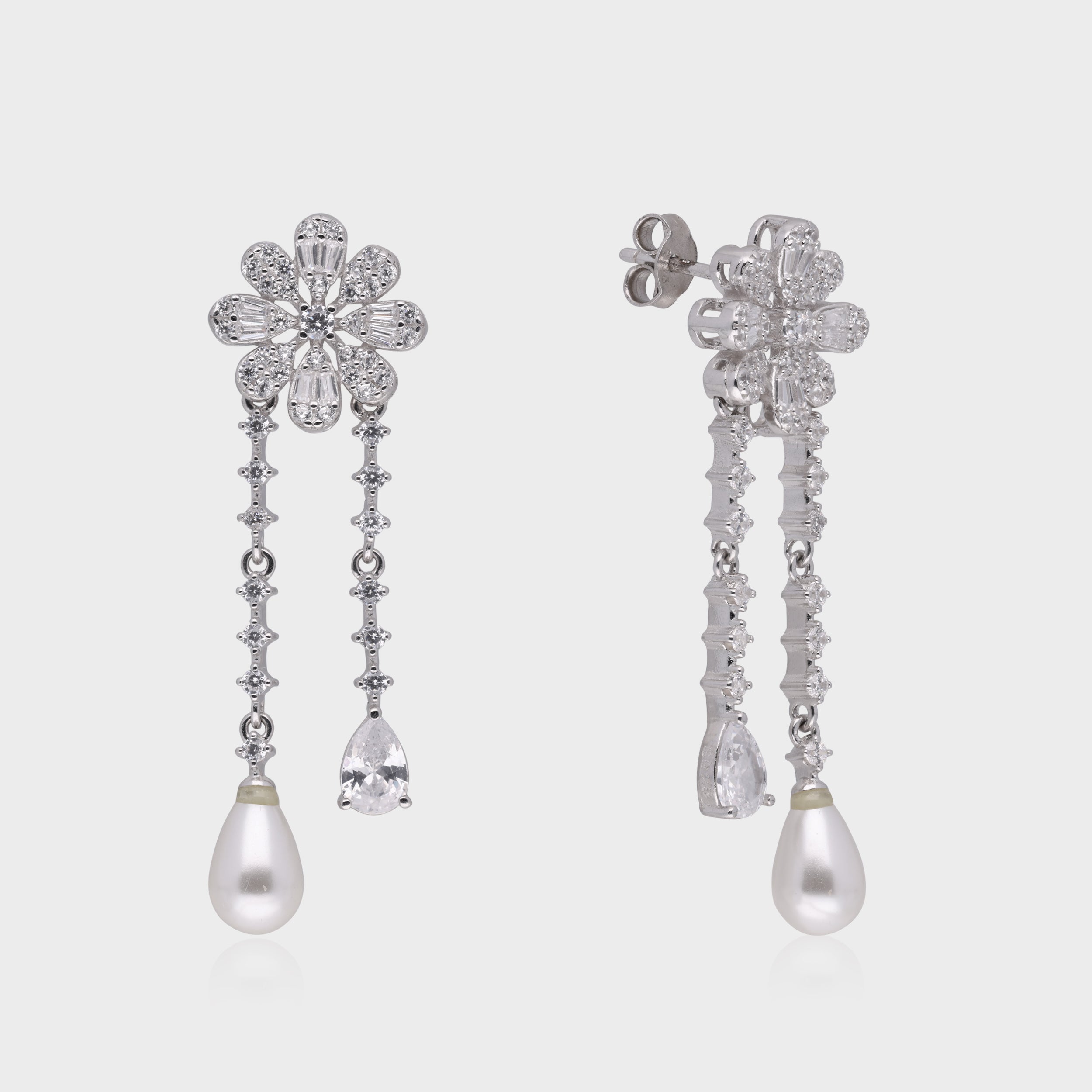Ethereal Bloom Twin Drop Earrings with Pear-Cut Stones and Pearl Drops | SKU : 0021188978, 0021188992, 0003525791
