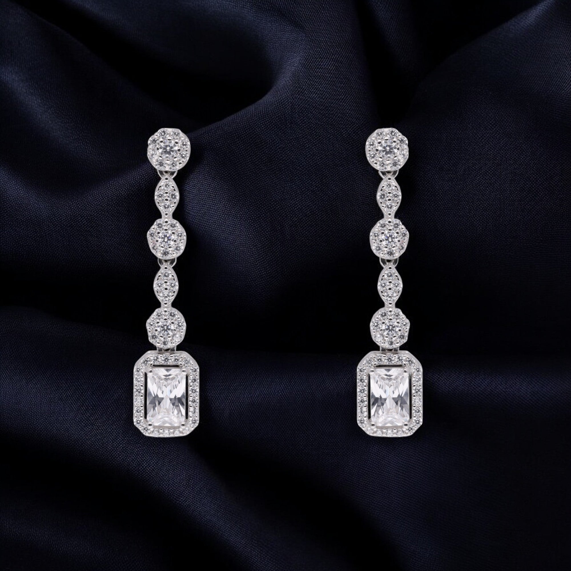 Radiant Cascade Drop Earrings with Emerald-Cut Centerpiece | SKU : 0021189135, 0021189098, 0021189050, 0003525456, 0003525630