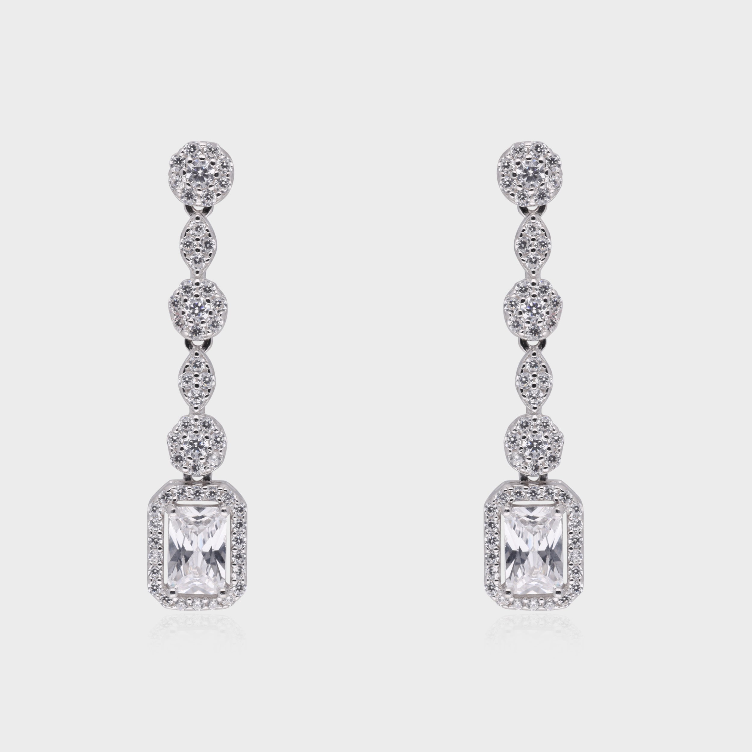 Radiant Cascade Drop Earrings with Emerald-Cut Centerpiece | SKU : 0021189135, 0021189098, 0021189050, 0003525456, 0003525630