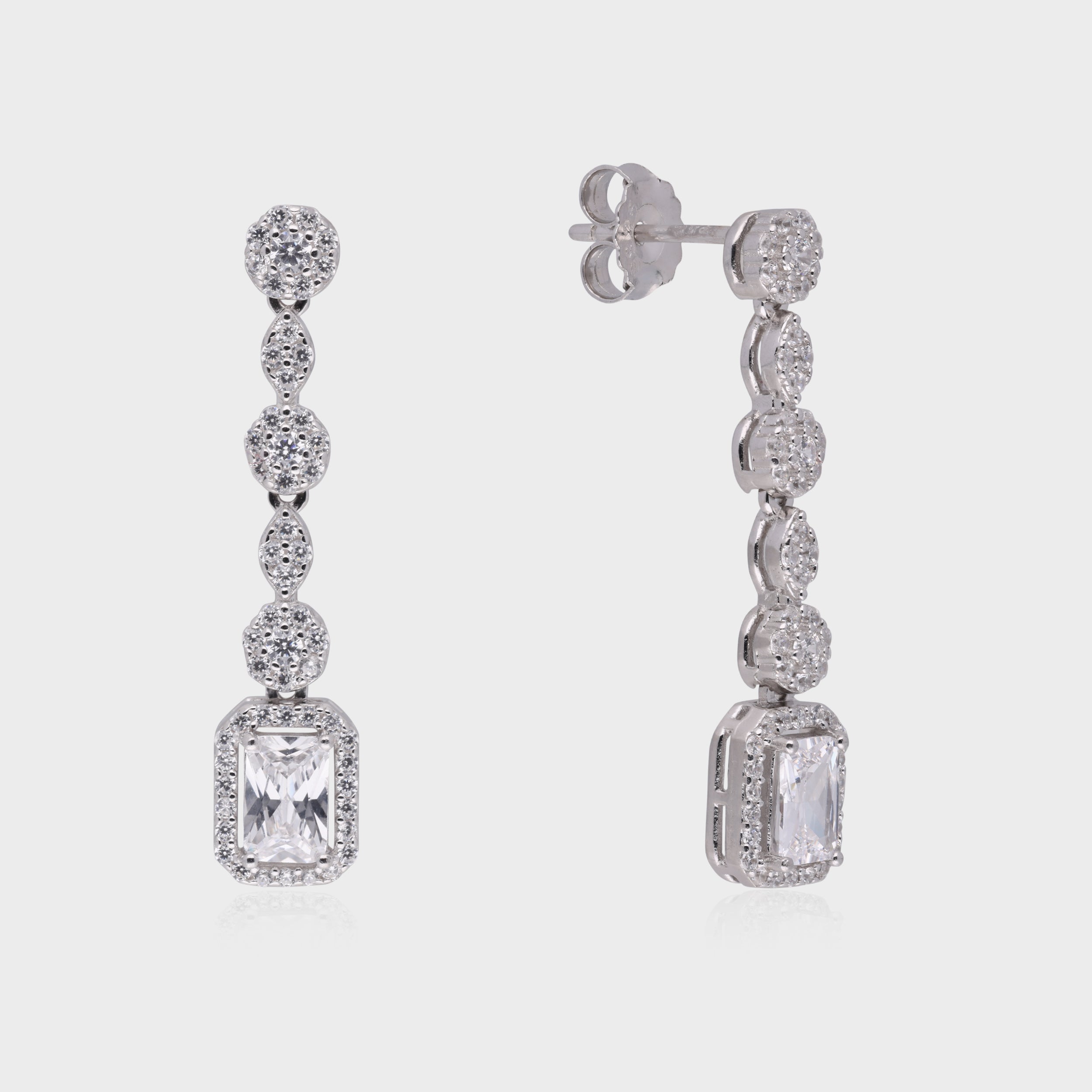 Radiant Cascade Drop Earrings with Emerald-Cut Centerpiece | SKU : 0021189135, 0021189098, 0021189050, 0003525456, 0003525630