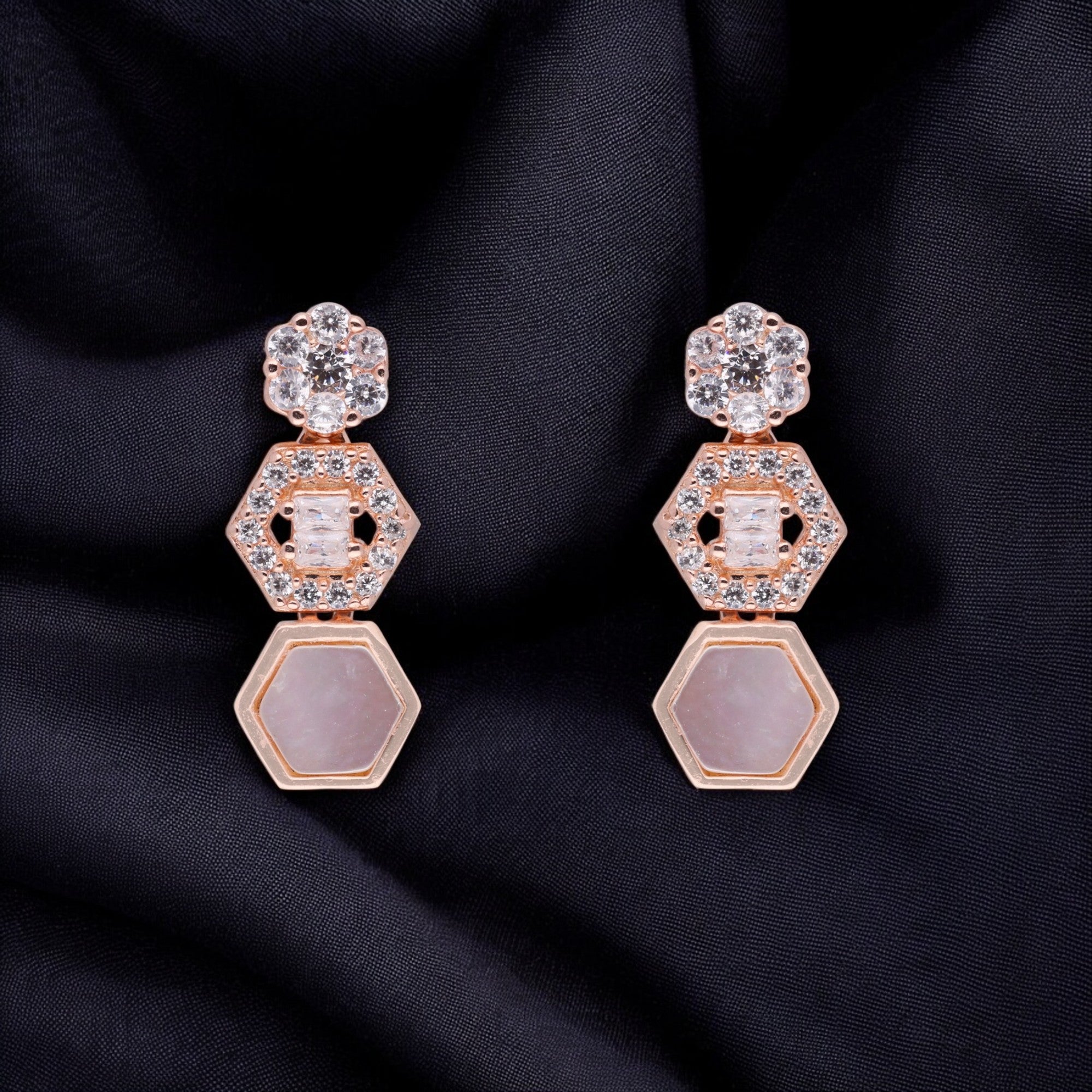 GeoGlow Rose Gold Earrings with Mother-of-Pearl and Crystal Accents | SKU : 0021189074, 0021189111, 0021189173,