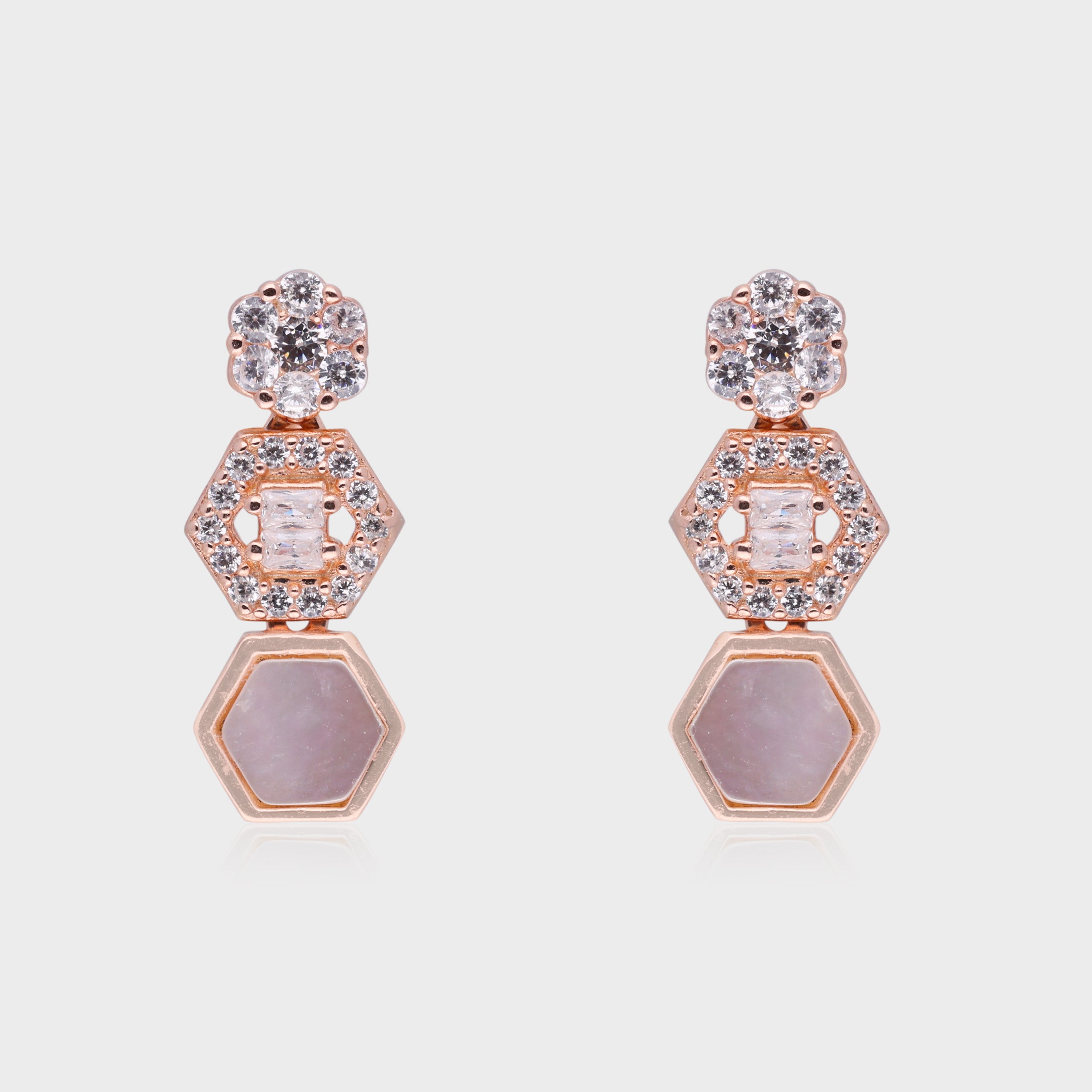 GeoGlow Rose Gold Earrings with Mother-of-Pearl and Crystal Accents | SKU : 0021189074, 0021189111, 0021189173,