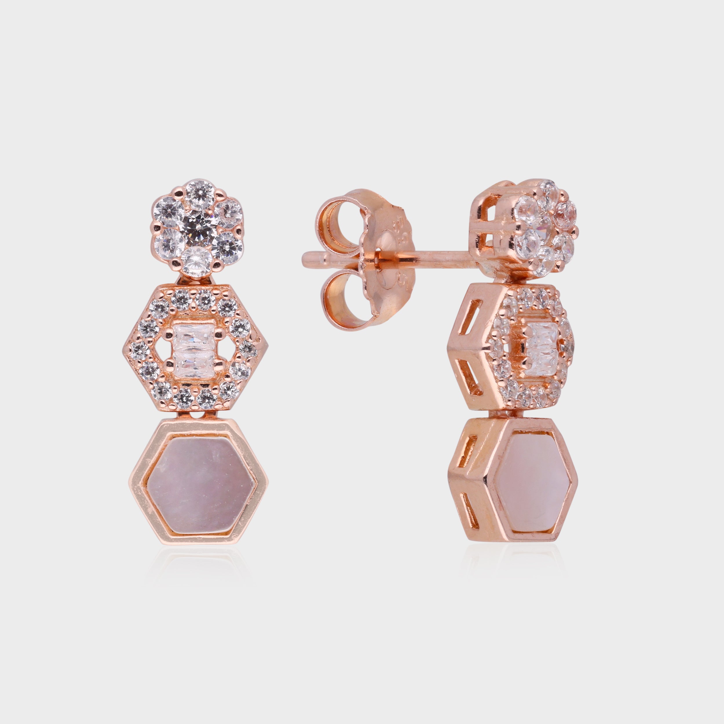 GeoGlow Rose Gold Earrings with Mother-of-Pearl and Crystal Accents | SKU : 0021189074, 0021189111, 0021189173,