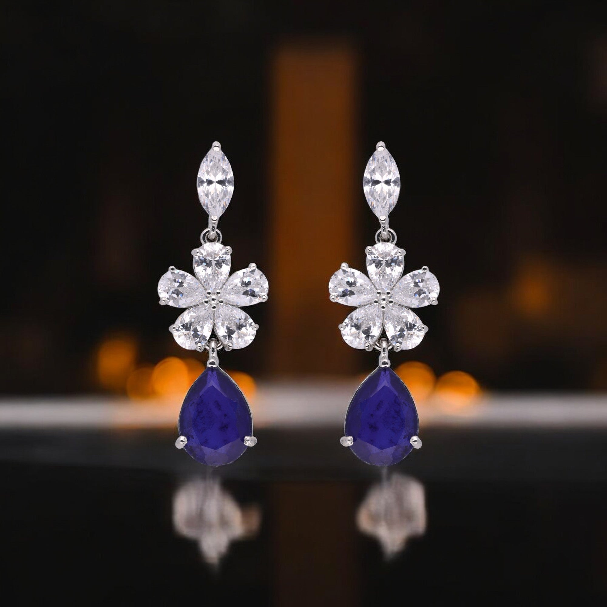 Elegant 925 Sterling Silver Floral Drop Earrings with Ruby & Cubic Zirconia | SKU : 0003534649, 0021326165, 0021326172