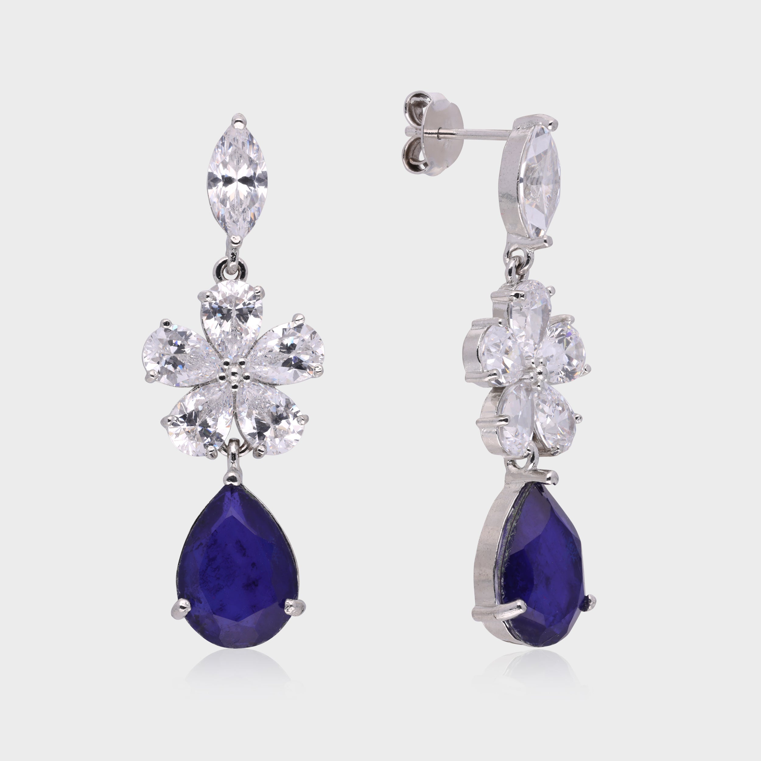 Elegant 925 Sterling Silver Floral Drop Earrings with Ruby & Cubic Zirconia | SKU : 0003534649, 0021326165, 0021326172