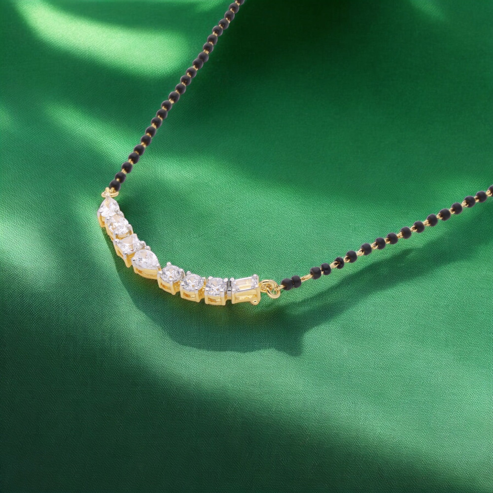 Graceful Gold & Black Beaded Mangalsutra with Cascading Crystal Accents | SKU: 0021327902