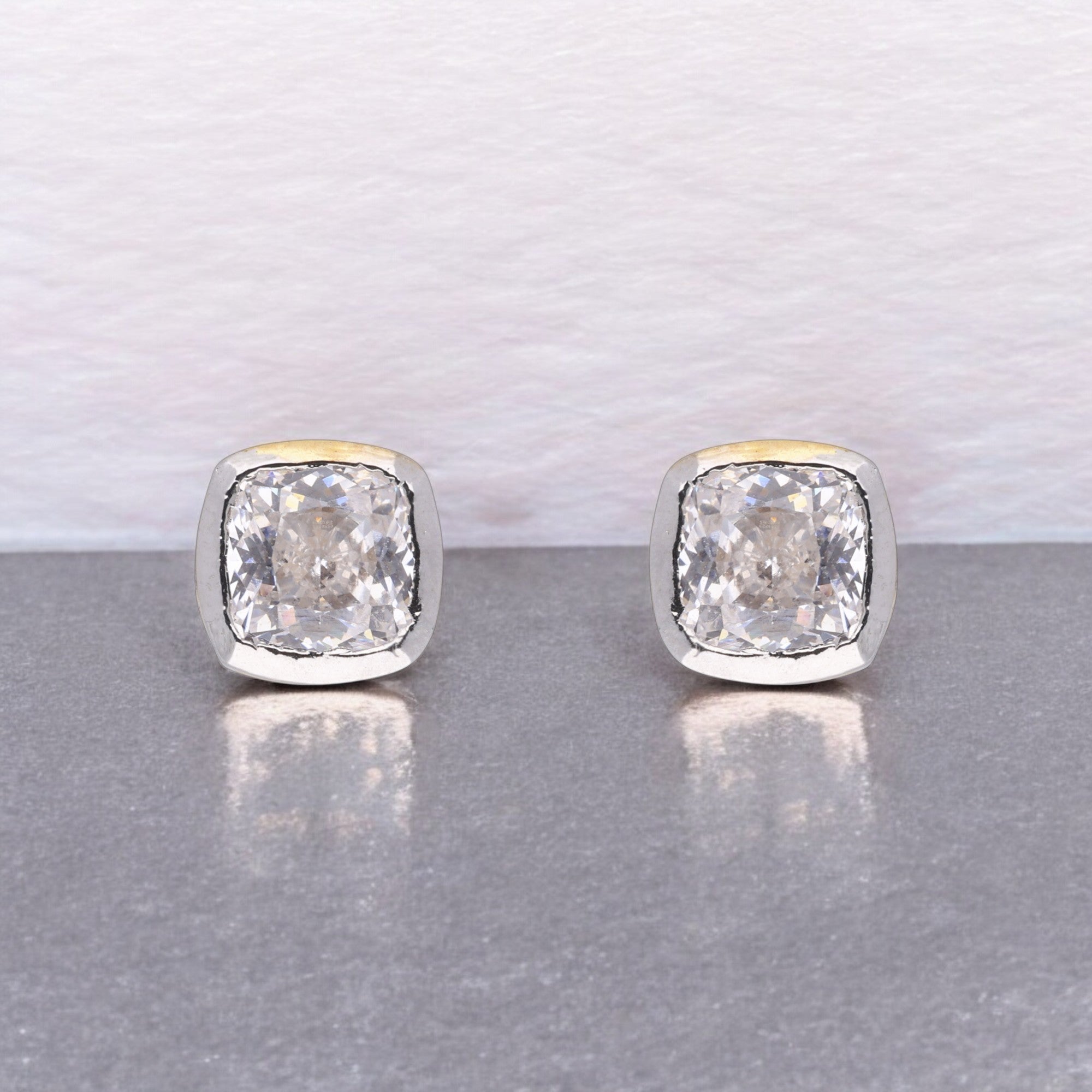 Elegant Cushion-Cut Stud Earrings – Gold & Silver Accents | SKU: 0021328015
