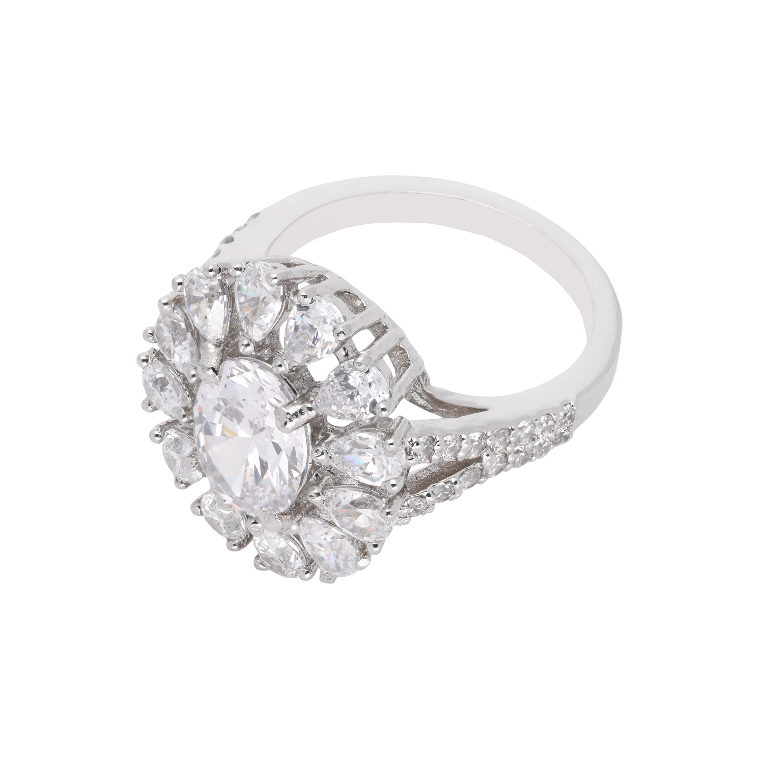 Sterling Silver Radiant Floral Cocktail Ring – A Dazzling Statement | SKU : 0021423178