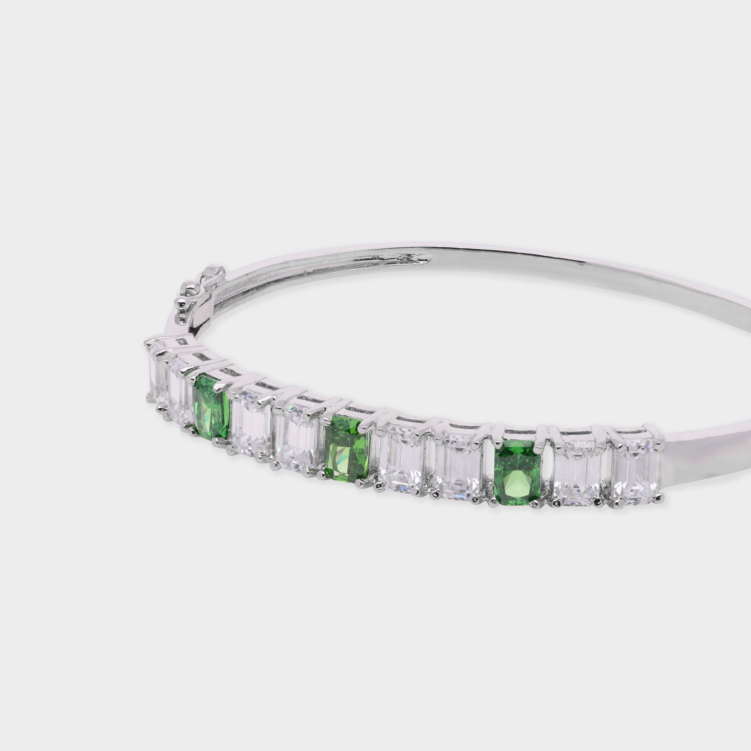 Emerald Green and White Stone Bangle in Silver Tone | SKU: 0021423628