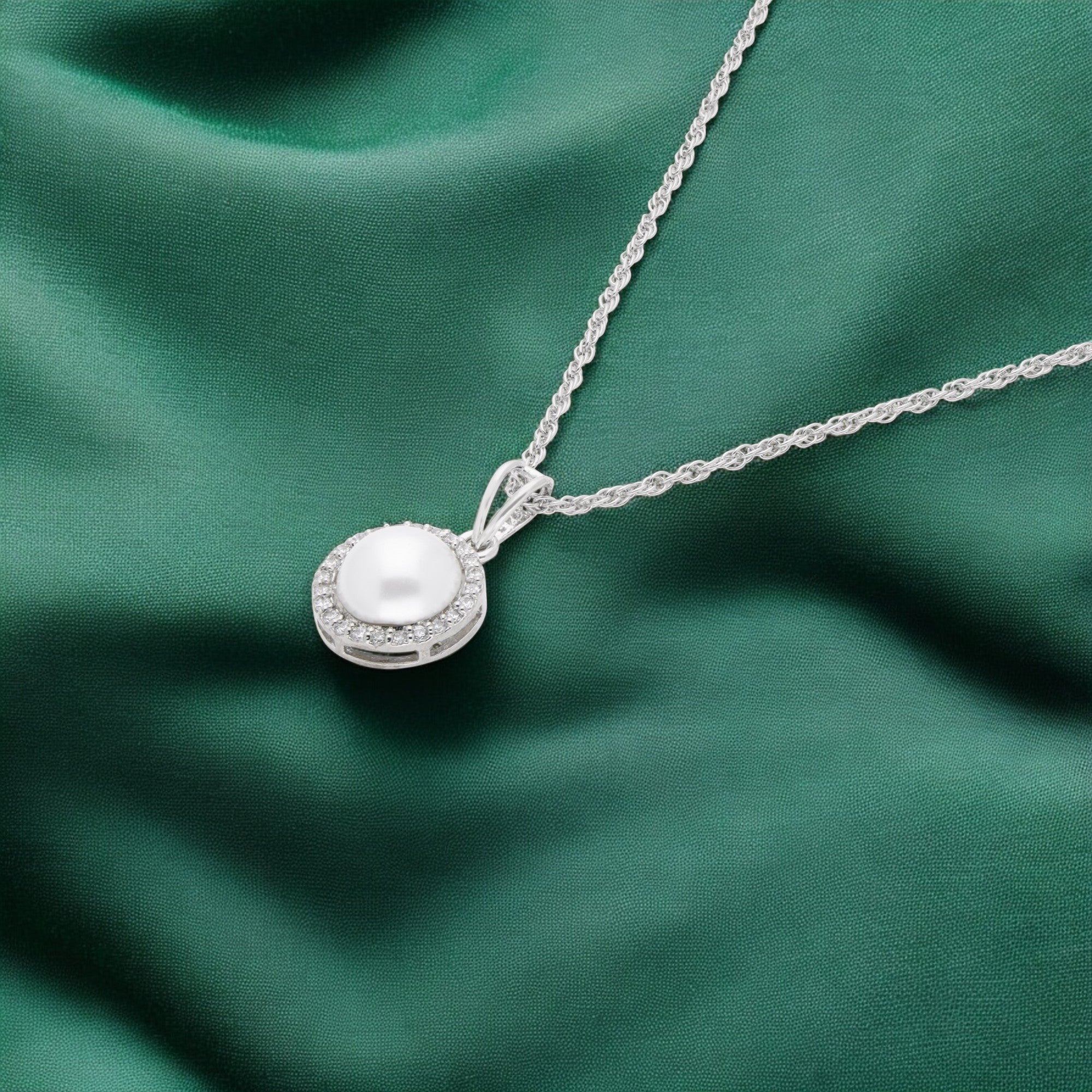 Lustrous Pearl-Inspired Halo Pendant in Sterling Silver with Twisted Rope Chain | SKU : 0003579268, 0021424168, 0021424175
