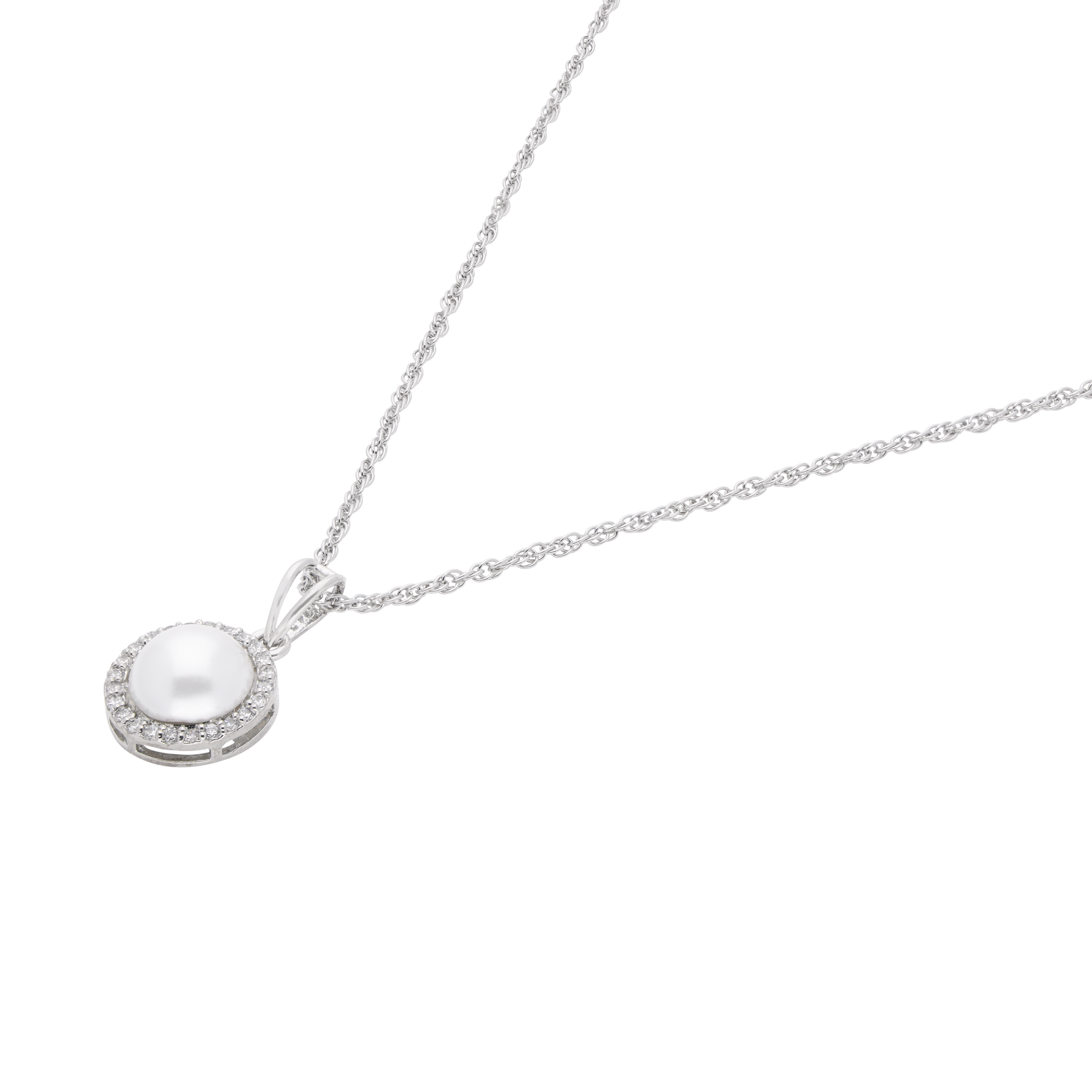 Lustrous Pearl-Inspired Halo Pendant in Sterling Silver with Twisted Rope Chain | SKU : 0003579268, 0021424168, 0021424175